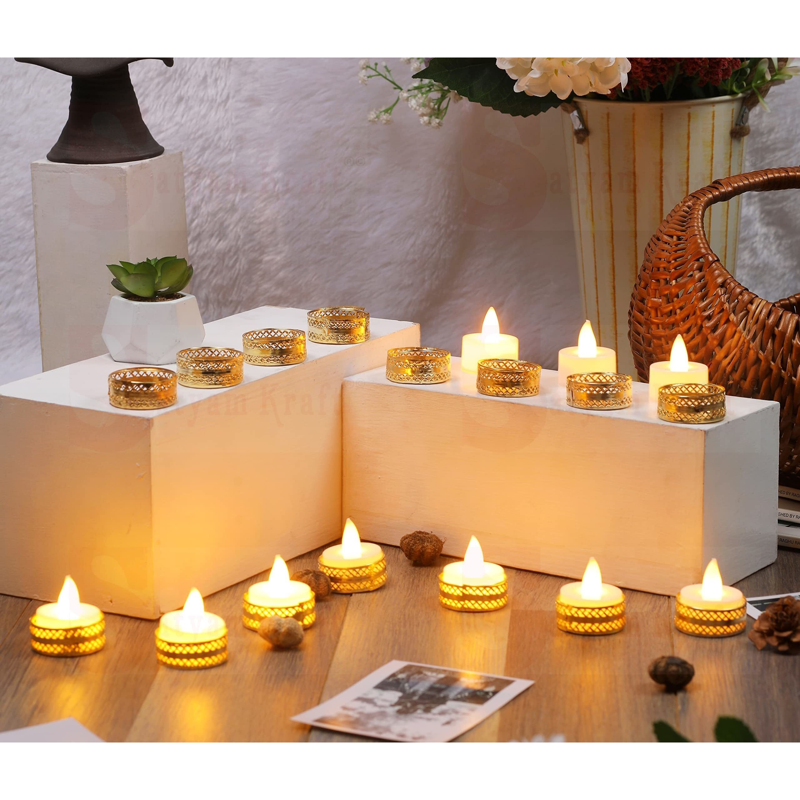 Satyam Kraft 12 Pcs Tealight Candle Holder Stands Round For Pooja Thali Decoration Candle Stand Diya Stand For All Festive Pooja,Anniversary Decoration Item (Pack Of 12, Golden) - Metal