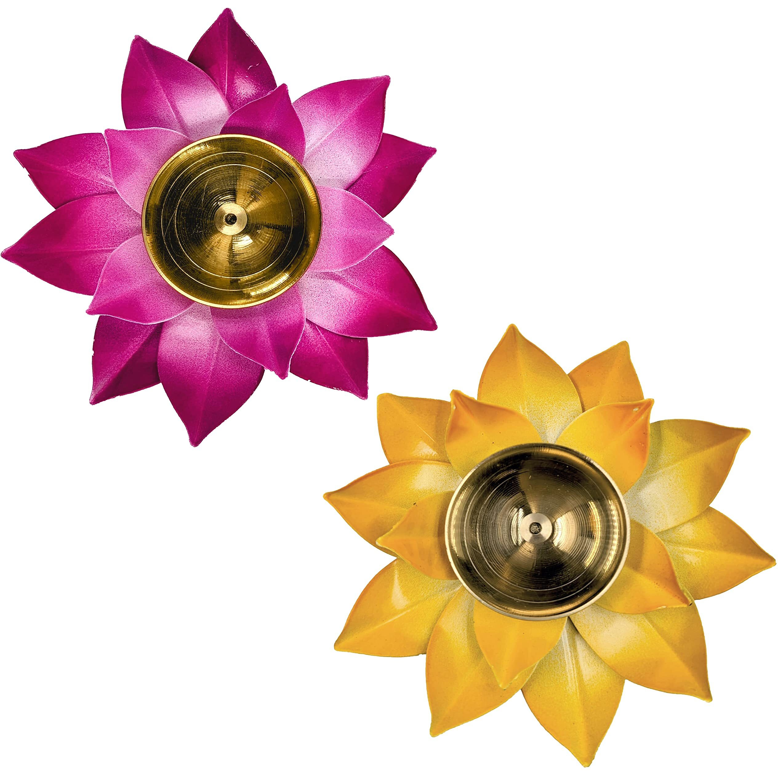 EIN SOF Lotus Shaped Brass Diyas for Puja - Lamps for Home & Diwali Decoration , Akhand Jyoti Stand with Gift Cover , 5 inches Kamal Design Pooja Oil & Camphor Diya , Assorted Colors, 2 Pc