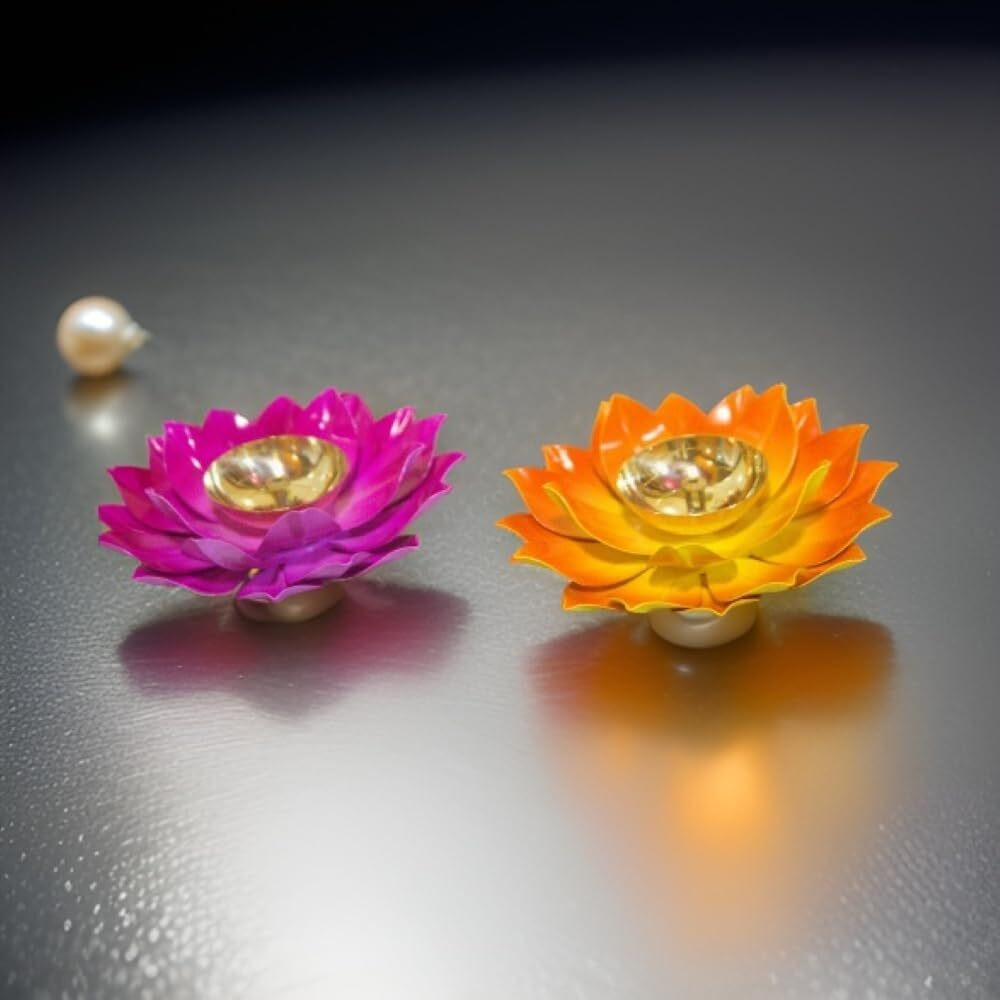 EIN SOF Lotus Shaped Brass Diyas for Puja - Lamps for Home & Diwali Decoration , Akhand Jyoti Stand with Gift Cover , 5 inches Kamal Design Pooja Oil & Camphor Diya , Assorted Colors, 2 Pc