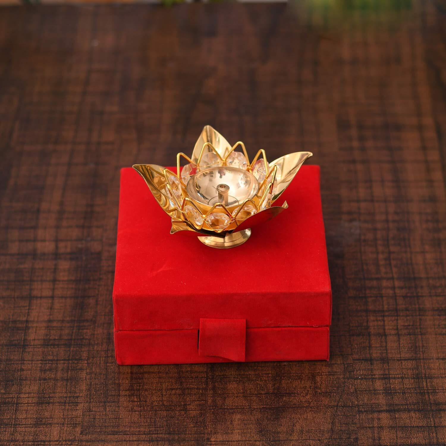 Collectible India Akhand Diya Diyas Decorative Brass Crystal Oil Lamp, Tea Light Holder Lantern Oval Shape Diwali Gifts Home Decor Puja Lamp (Small) (Golden)