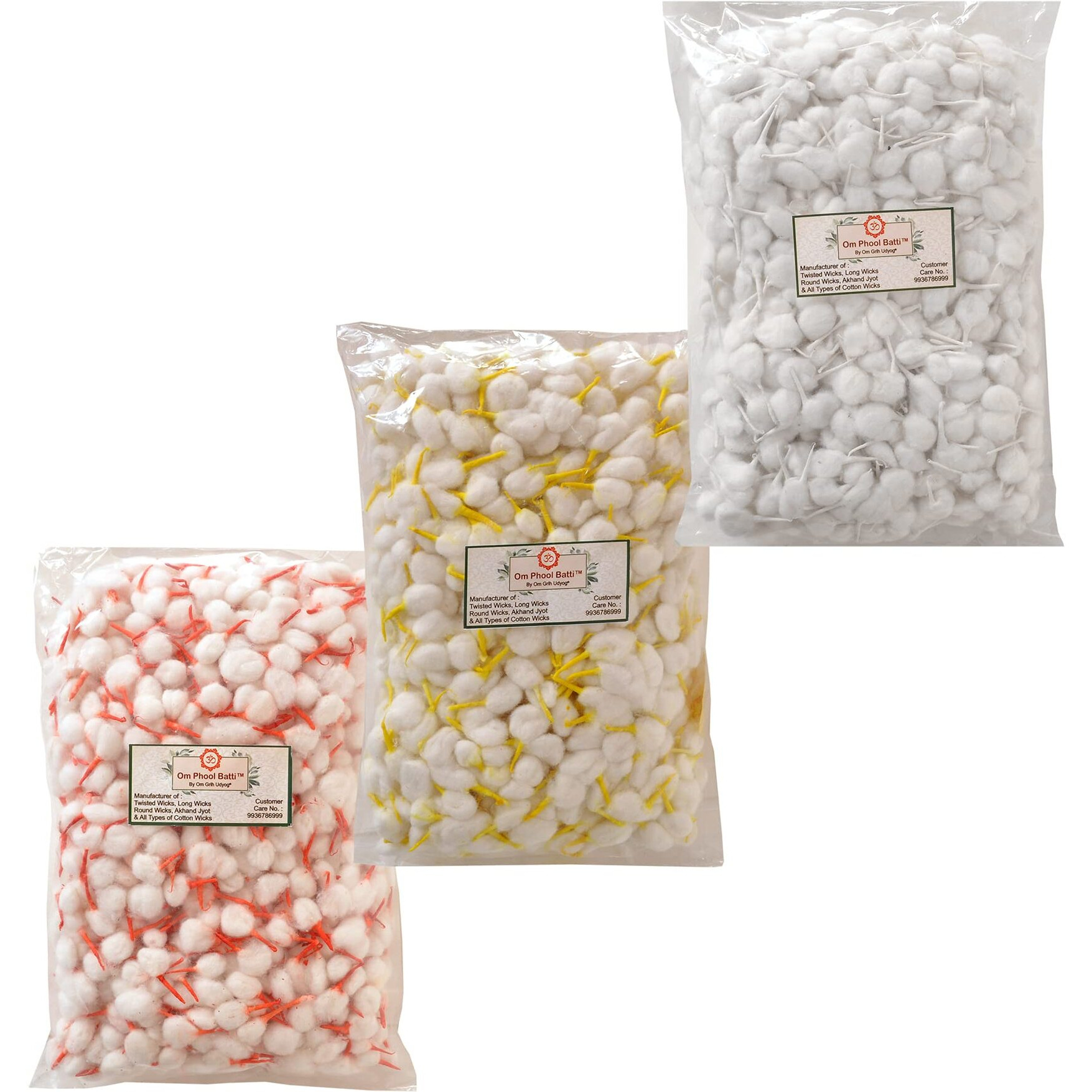Om Phool Batti Cotton Round Wicks for Diya Batti, Handmade Gol Batti for Puja with Kesar and Chandan Tip Wicks Yellow/Red/White, 1100 pcs in each x3, (Pack of 3, Multi-Color)