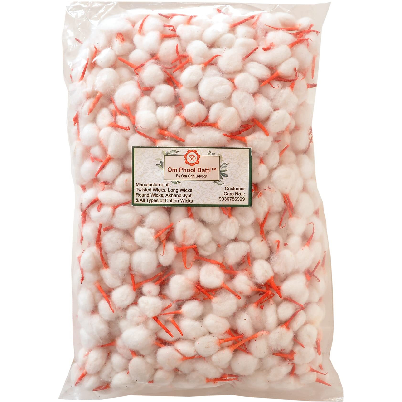 Om Phool Batti Cotton Round Wicks for Diya Batti, Handmade Gol Batti for Puja with Kesar and Chandan Tip Wicks Yellow/Red/White, 1100 pcs in each x3, (Pack of 3, Multi-Color)
