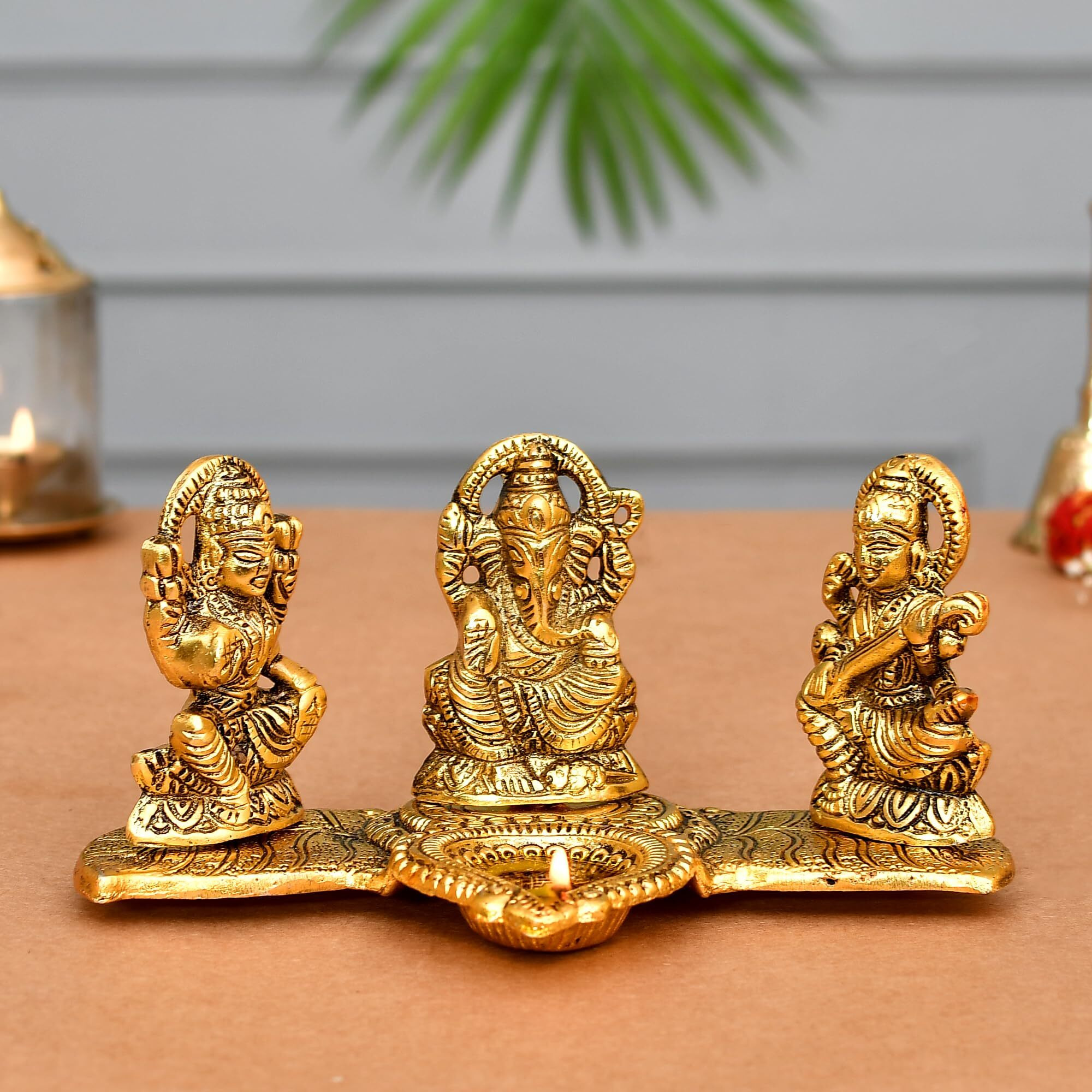 CraftVatika Diwali Gift Items Laxmi Ganesh Saraswati Metal Murti Idol with Diya Showpiece, Diwali Decoration Items for Home Decor, Diwali Gift for Family Friends and Corporate Office,Golden Pooja