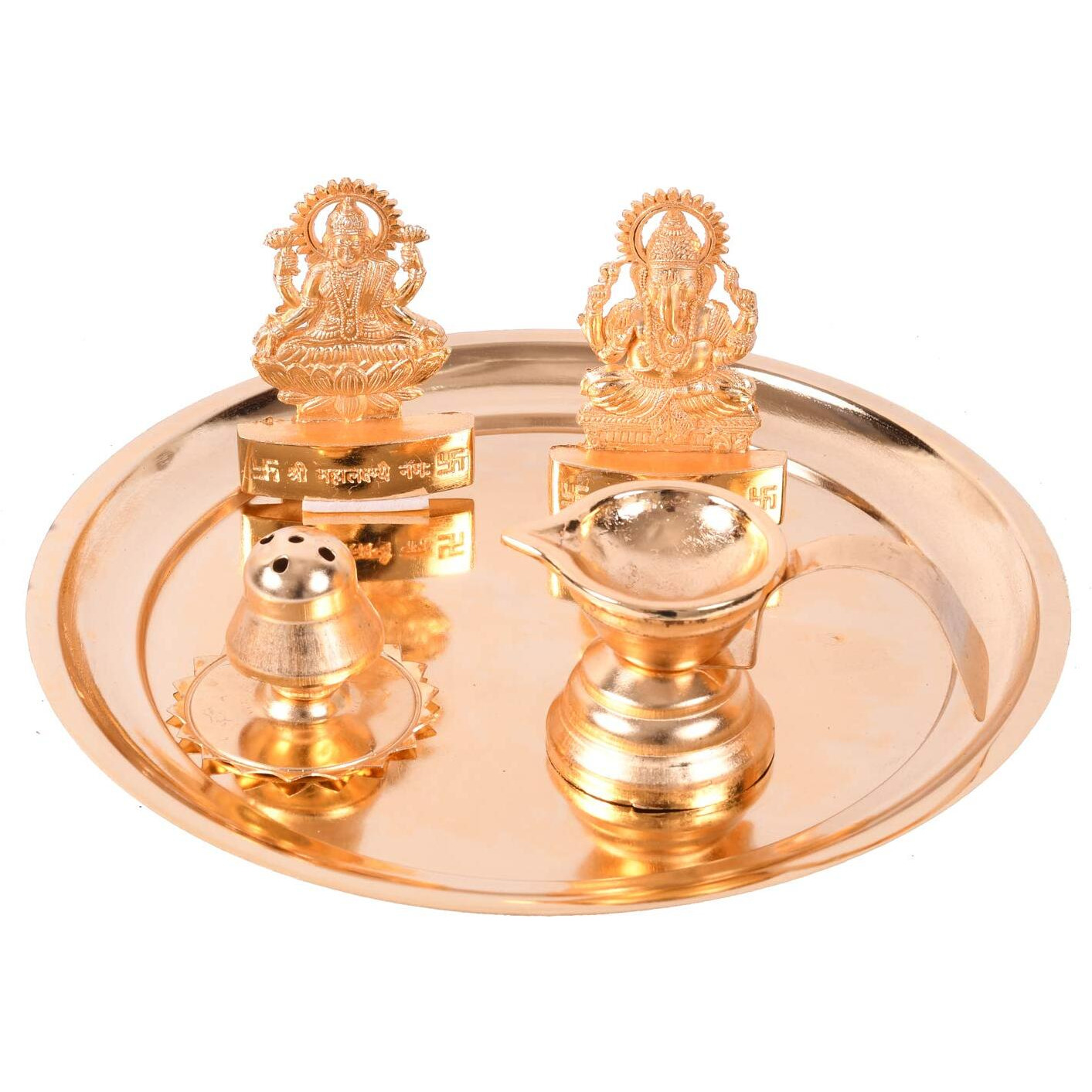 Collectible India Metal Laxmi Ganesh Idol Showpiece, Traditional Diya Oil Puja Lamp, Agarbatti Incense Stick Holders Pooja Thali Set (Golden)
