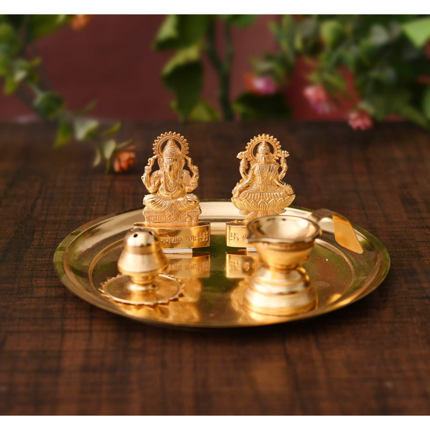 Collectible India Metal Laxmi Ganesh Idol Showpiece, Traditional Diya Oil Puja Lamp, Agarbatti Incense Stick Holders Pooja Thali Set (Golden)
