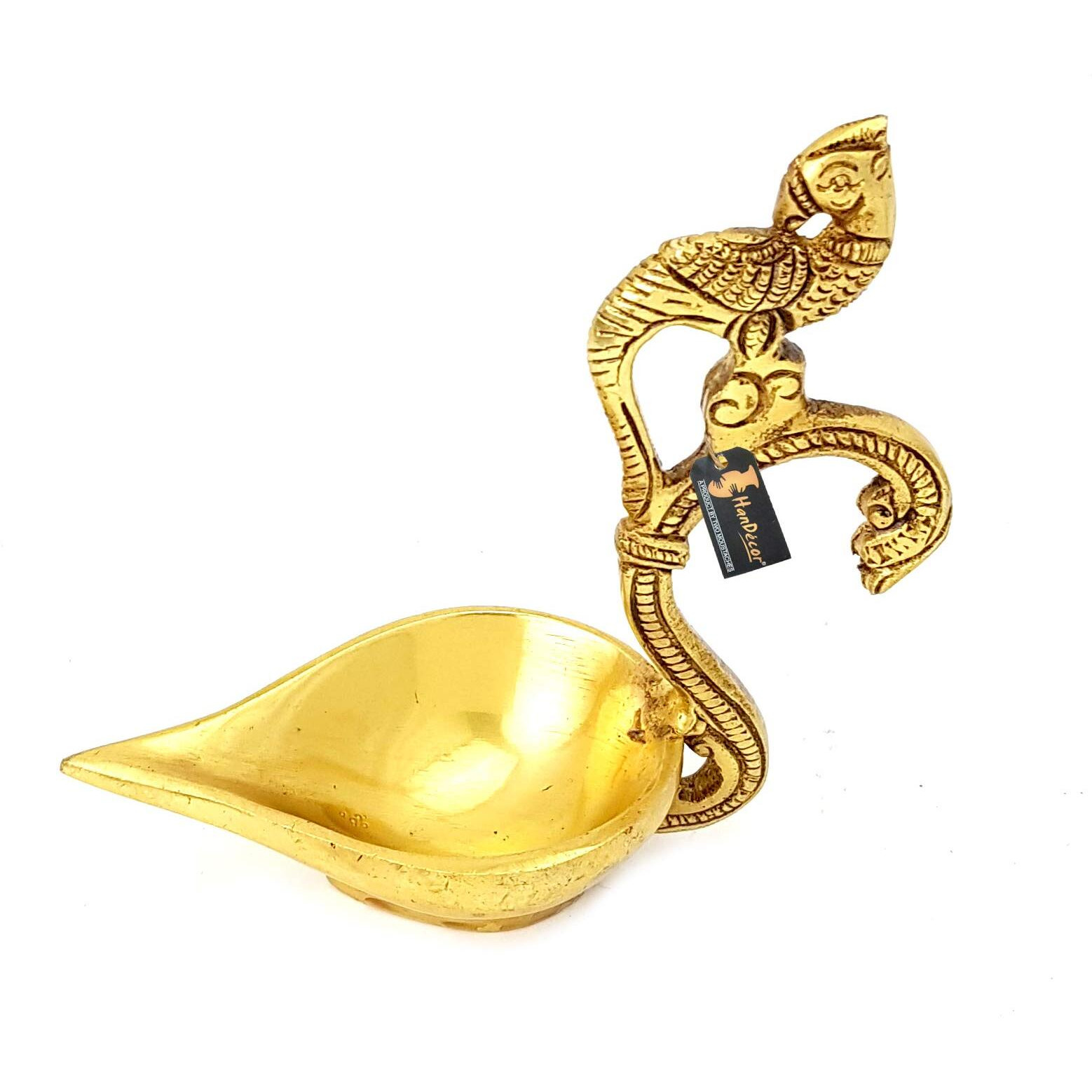 Two Moustaches Ethnic Curved Peacock Handle Design 5 Inches Brass Diya (Golden)