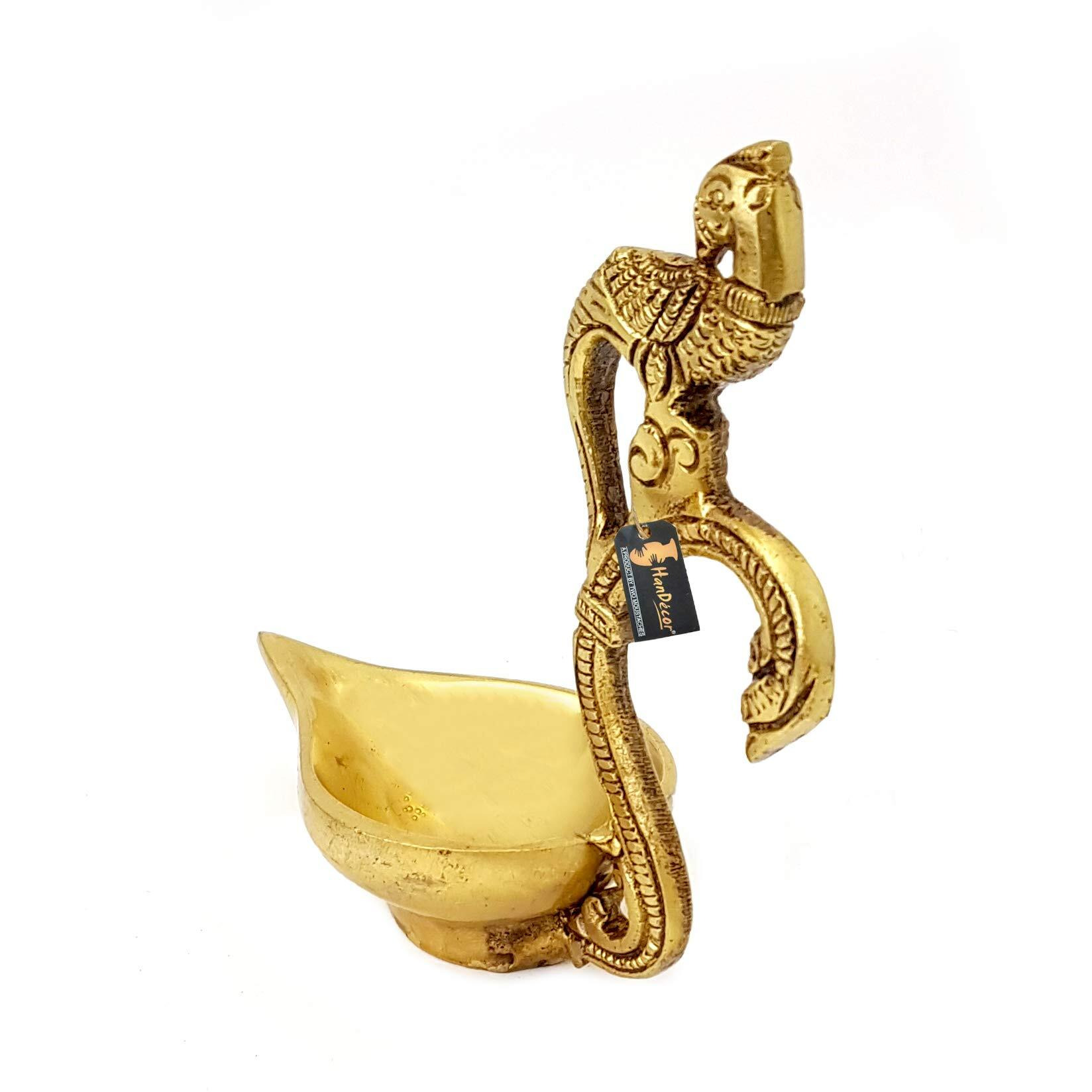 Two Moustaches Ethnic Curved Peacock Handle Design 5 Inches Brass Diya (Golden)