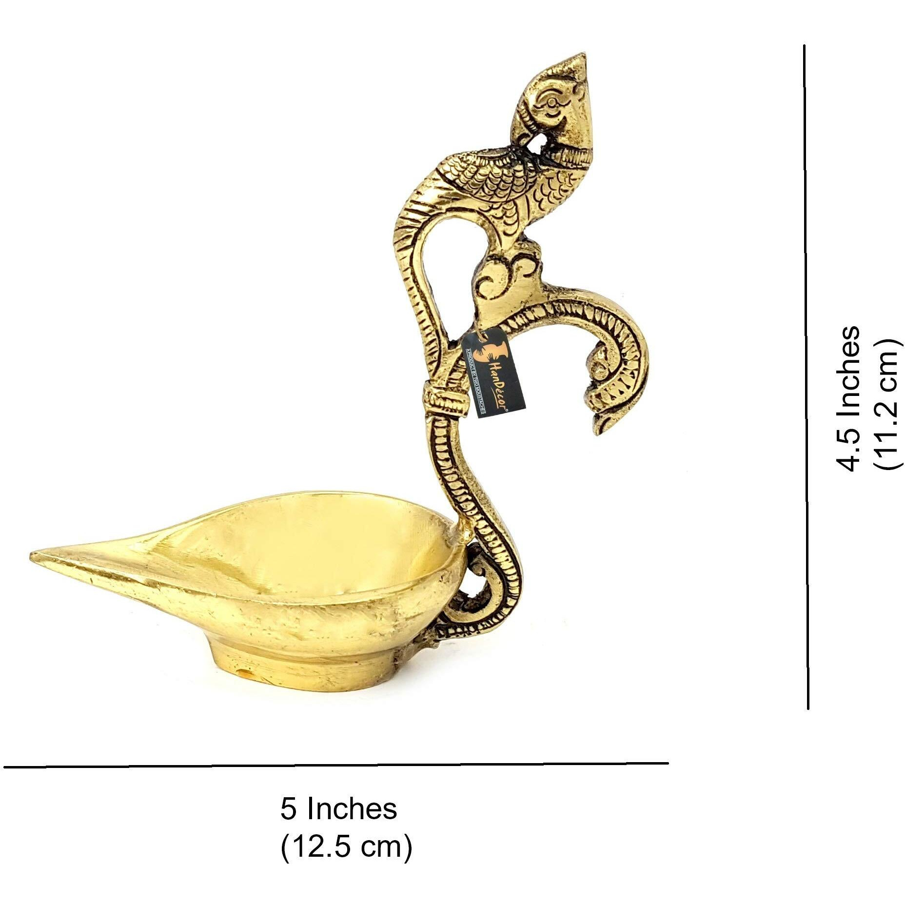 Two Moustaches Ethnic Curved Peacock Handle Design 5 Inches Brass Diya (Golden)