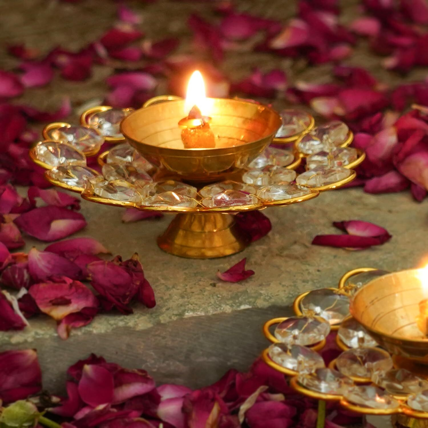 TIED RIBBONS Crystal Akhand Diya for Decoration - Brass Diya for Puja Oil Puja Lamp - Decorations Items for Home Decor and Gifts (Golden, 9 X 3 Cm)