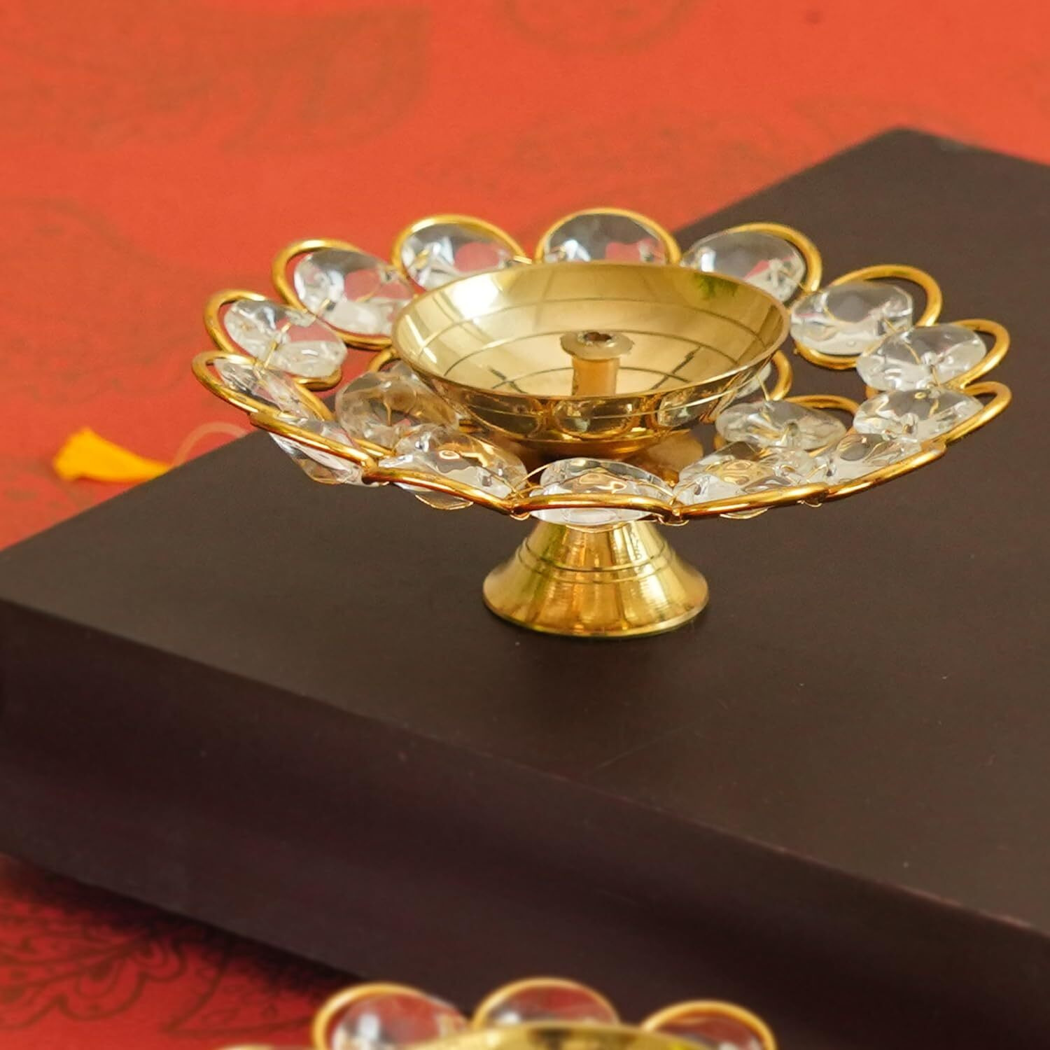 TIED RIBBONS Crystal Akhand Diya for Decoration - Brass Diya for Puja Oil Puja Lamp - Decorations Items for Home Decor and Gifts (Golden, 9 X 3 Cm)