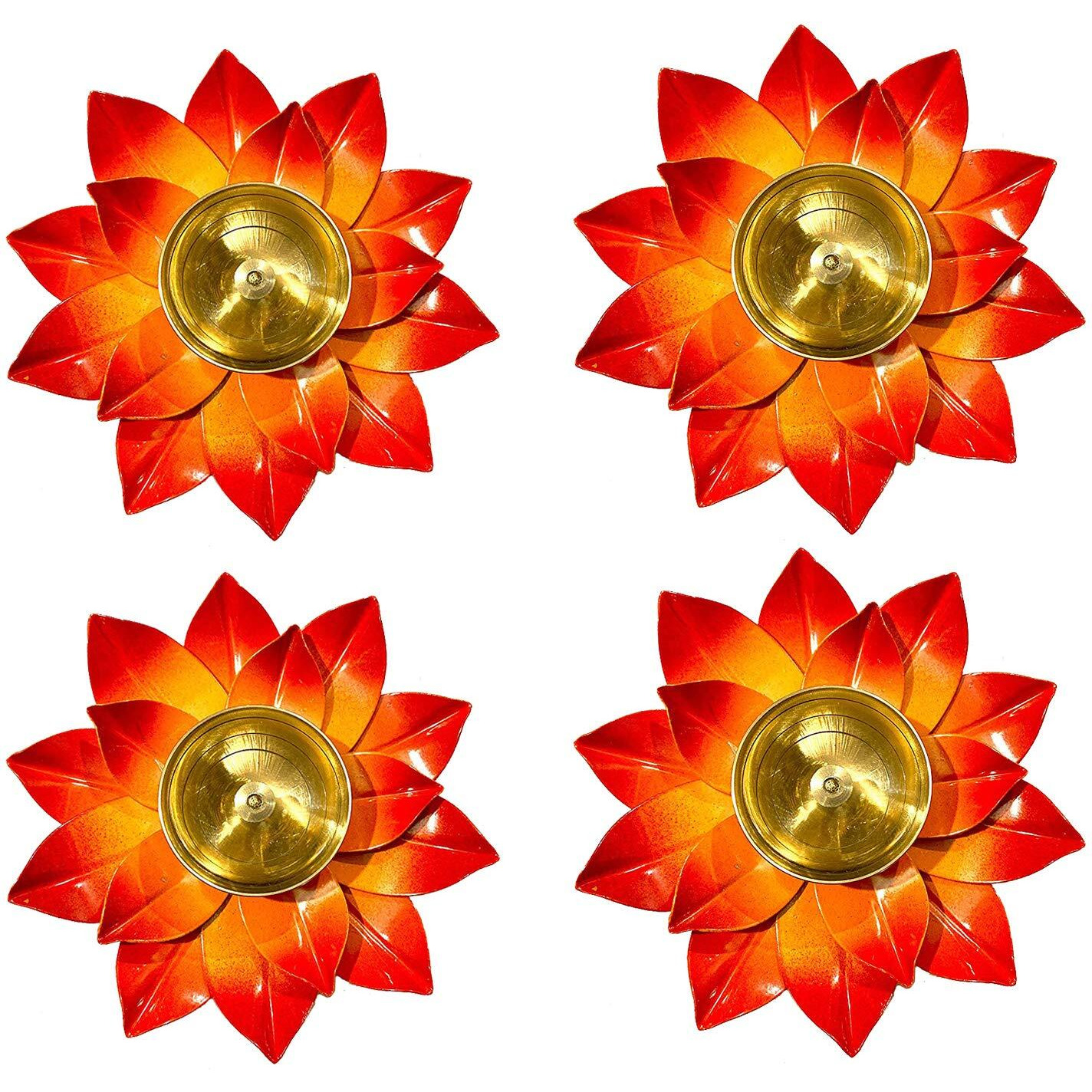 Collectible India Brass Diya Deepak Oil Lamp Small Lotus Kamal Shape for Home Temple Puja Articles Decor, Orange, Set of 4
