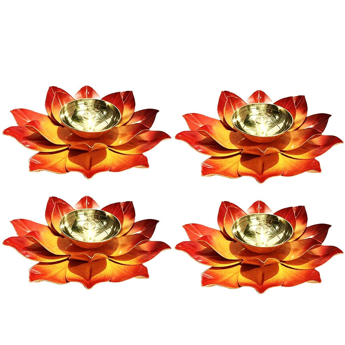 Collectible India Brass Diya Deepak Oil Lamp Small Lotus Kamal Shape for Home Temple Puja Articles Decor, Orange, Set of 4