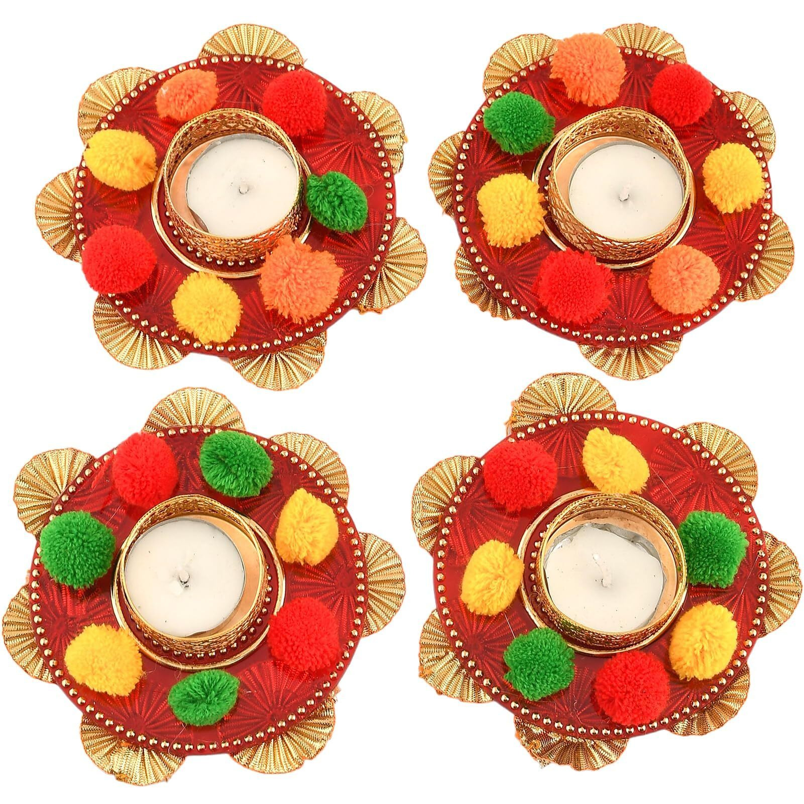 Collectible India Cast Iron Flower Design Diya Tea Light Candle Holder, Pack of 2