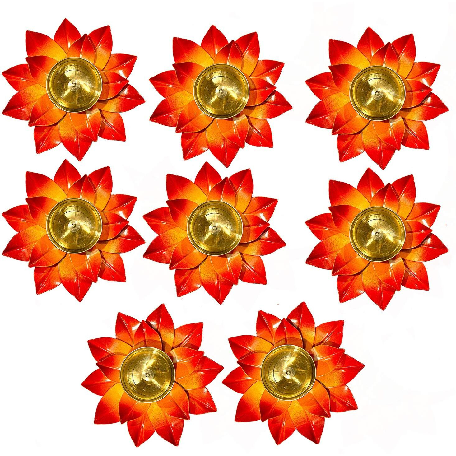 Collectible India Brass Lotus Kamal Oil Diya Stand, Orange, Pack of 8