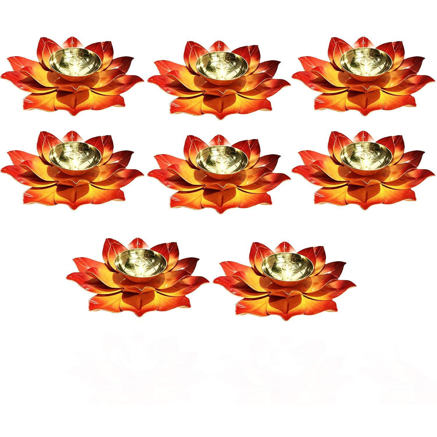 Collectible India Brass Lotus Kamal Oil Diya Stand, Orange, Pack of 8