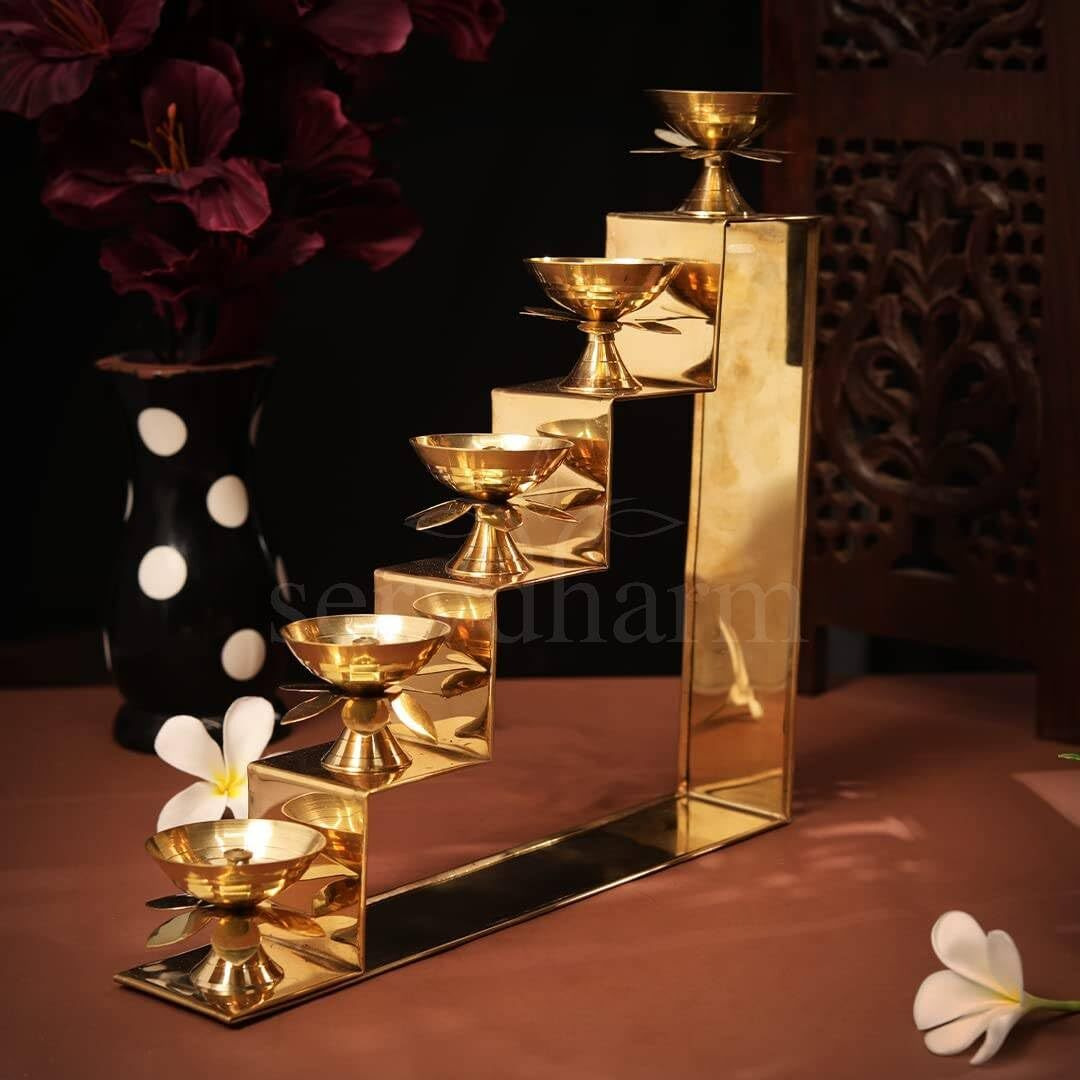ServDharm 5 Steps Decorative Brass Diya for Puja & Gifting