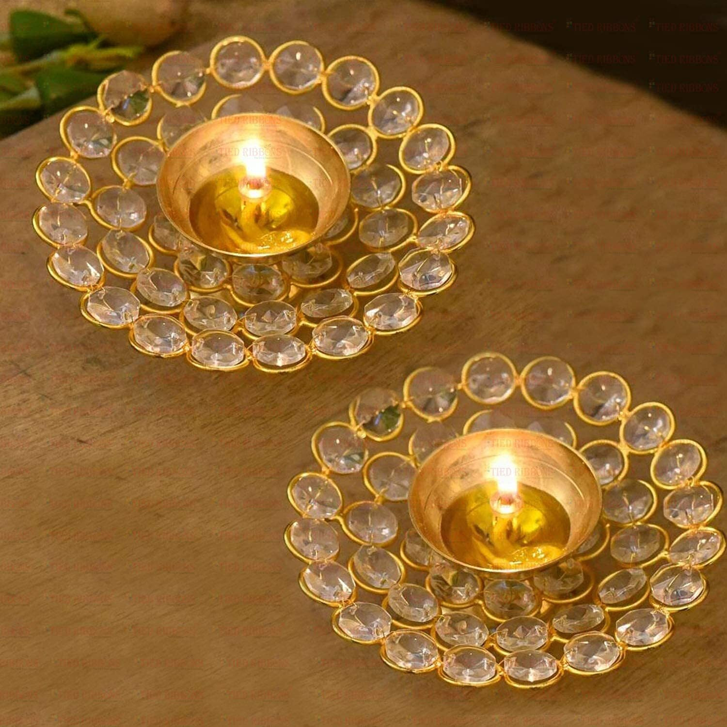 TIED RIBBONS Pack of 2 Crystal Akhand Diya for Decoration - Brass Diya for Puja Oil Puja Lamp - Decorative Items for Home Decor and Gifts (Golden, 12 X 4 Cm)