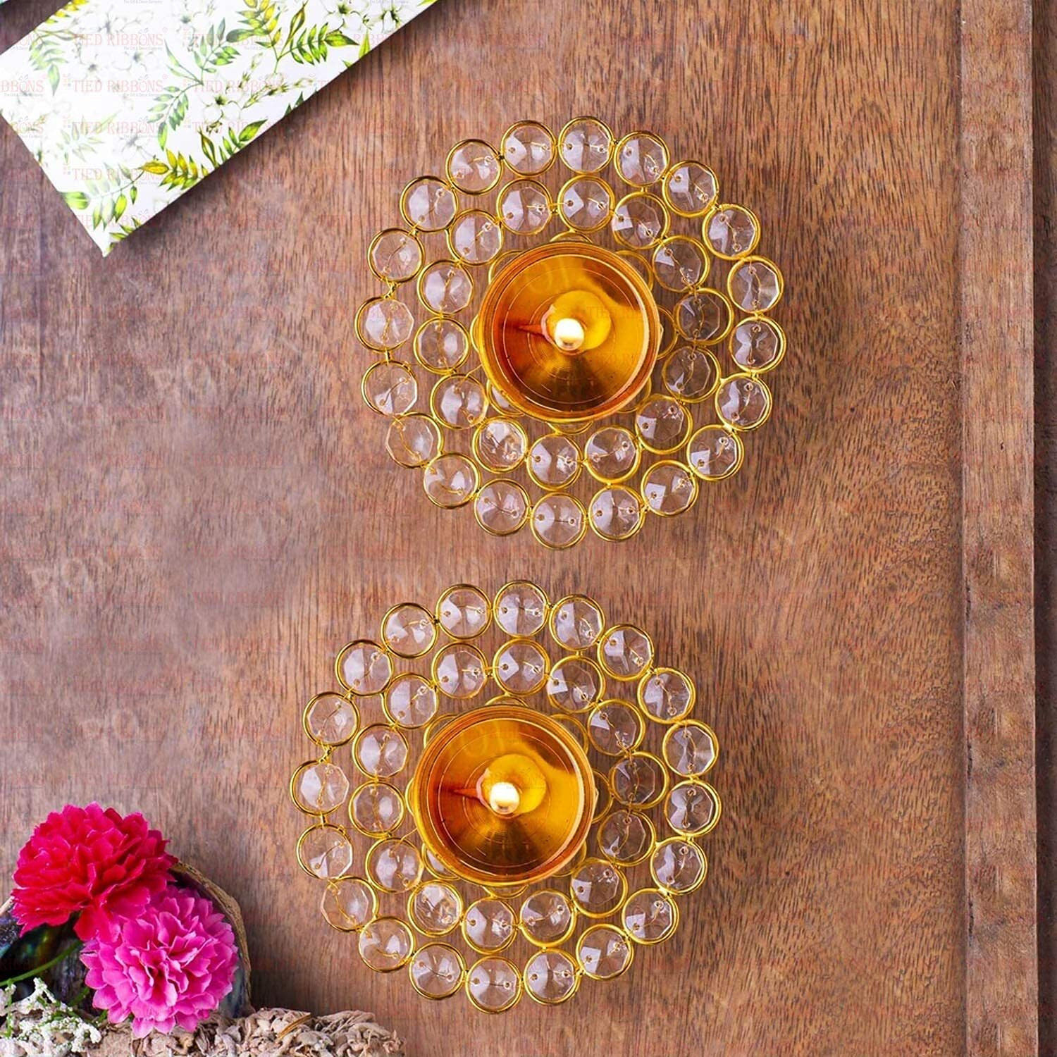 TIED RIBBONS Pack of 2 Crystal Akhand Diya for Decoration - Brass Diya for Puja Oil Puja Lamp - Decorative Items for Home Decor and Gifts (Golden, 12 X 4 Cm)