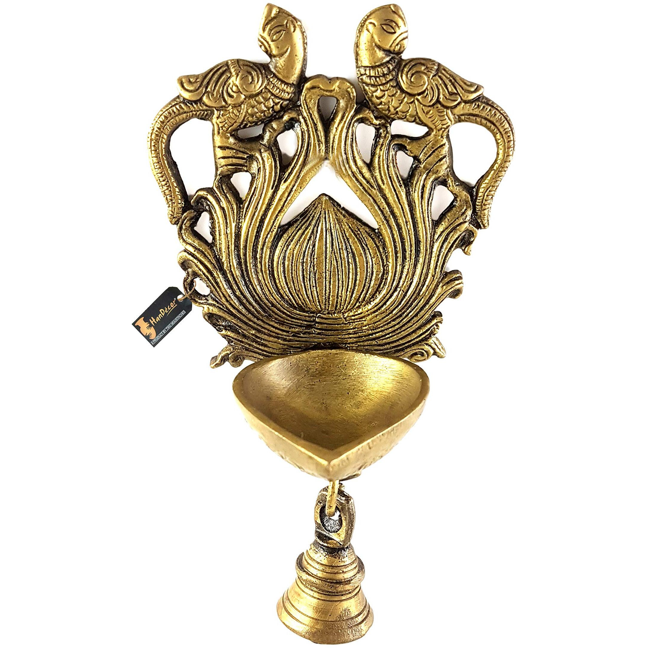 Two Moustaches Brass Ethnic Twin Peacock Design Wall Hanging Diya with Bell (Yellow_4 Inch X 3 Inch X 7.5 Inch)