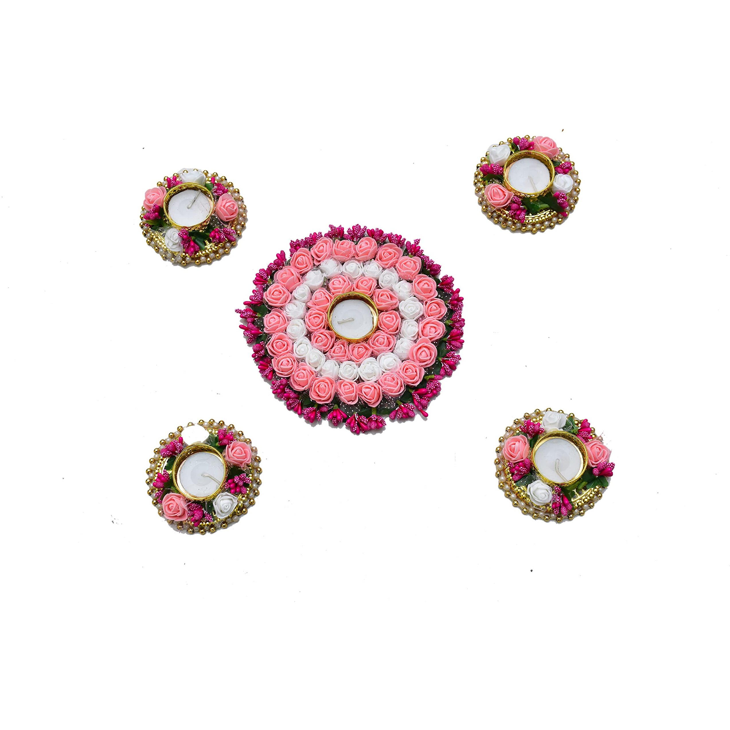 Urban Turtle Beautiful Flower Diya Rangoli Mat for Diwali Decoration | Home Decor Items | Festive Season (Pink & White)