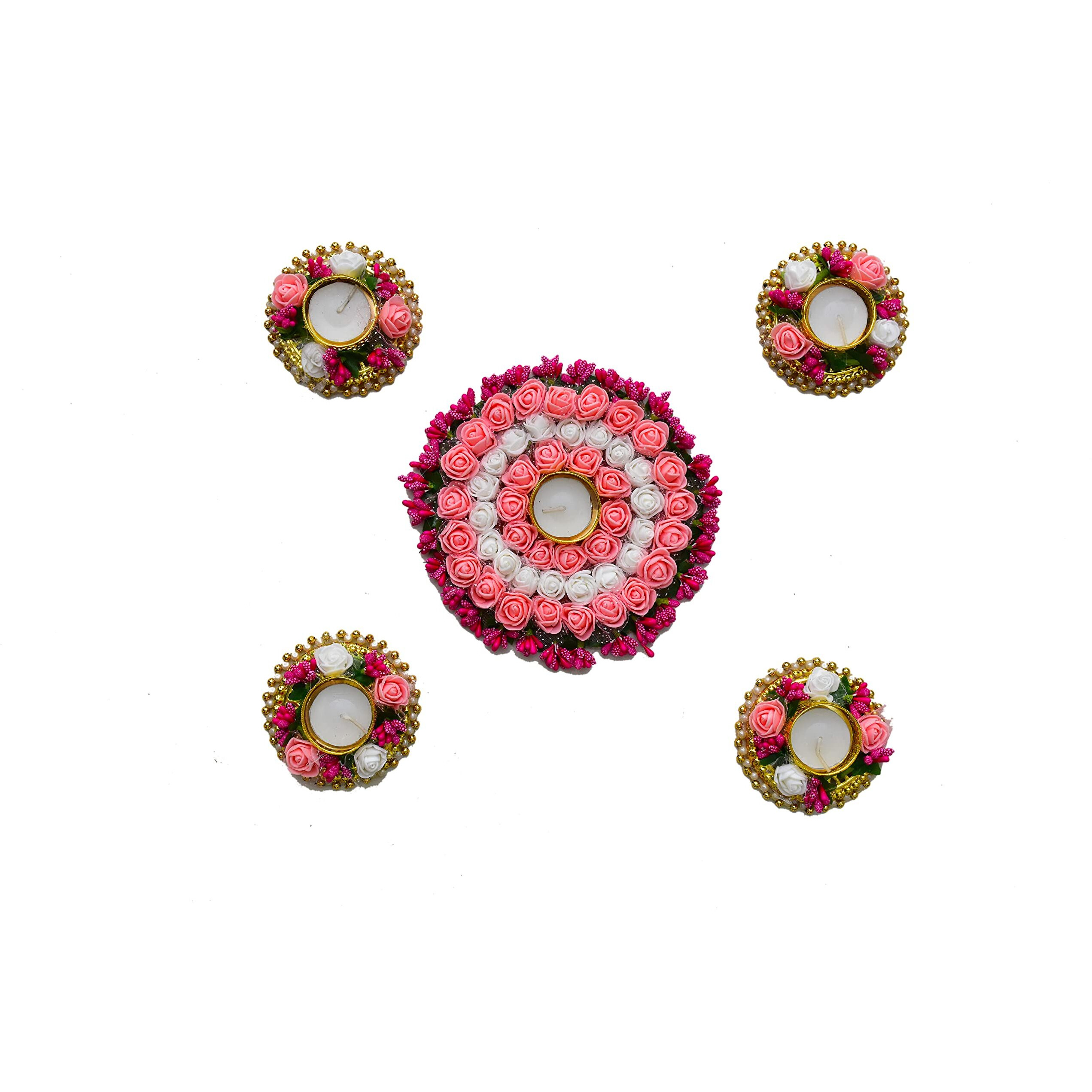 Urban Turtle Beautiful Flower Diya Rangoli Mat for Diwali Decoration | Home Decor Items | Festive Season (Pink & White)