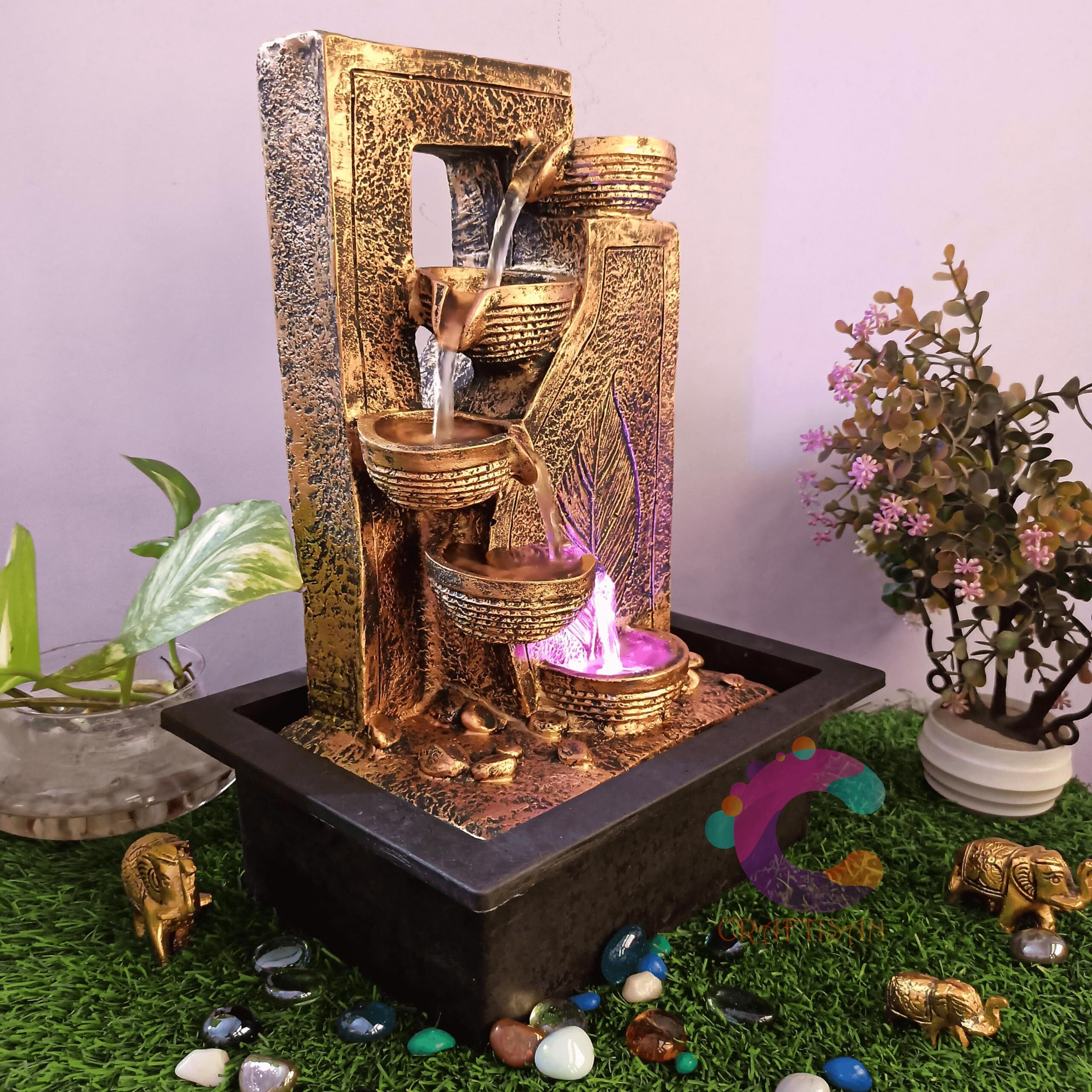 Craftisan Decorative Water Fountain for Home Dcor, Office, Indoor & Outdoor, Garden, Puja Room, Vaastu, Reception, Spa, Gifting. (Golden Leaf Diya)