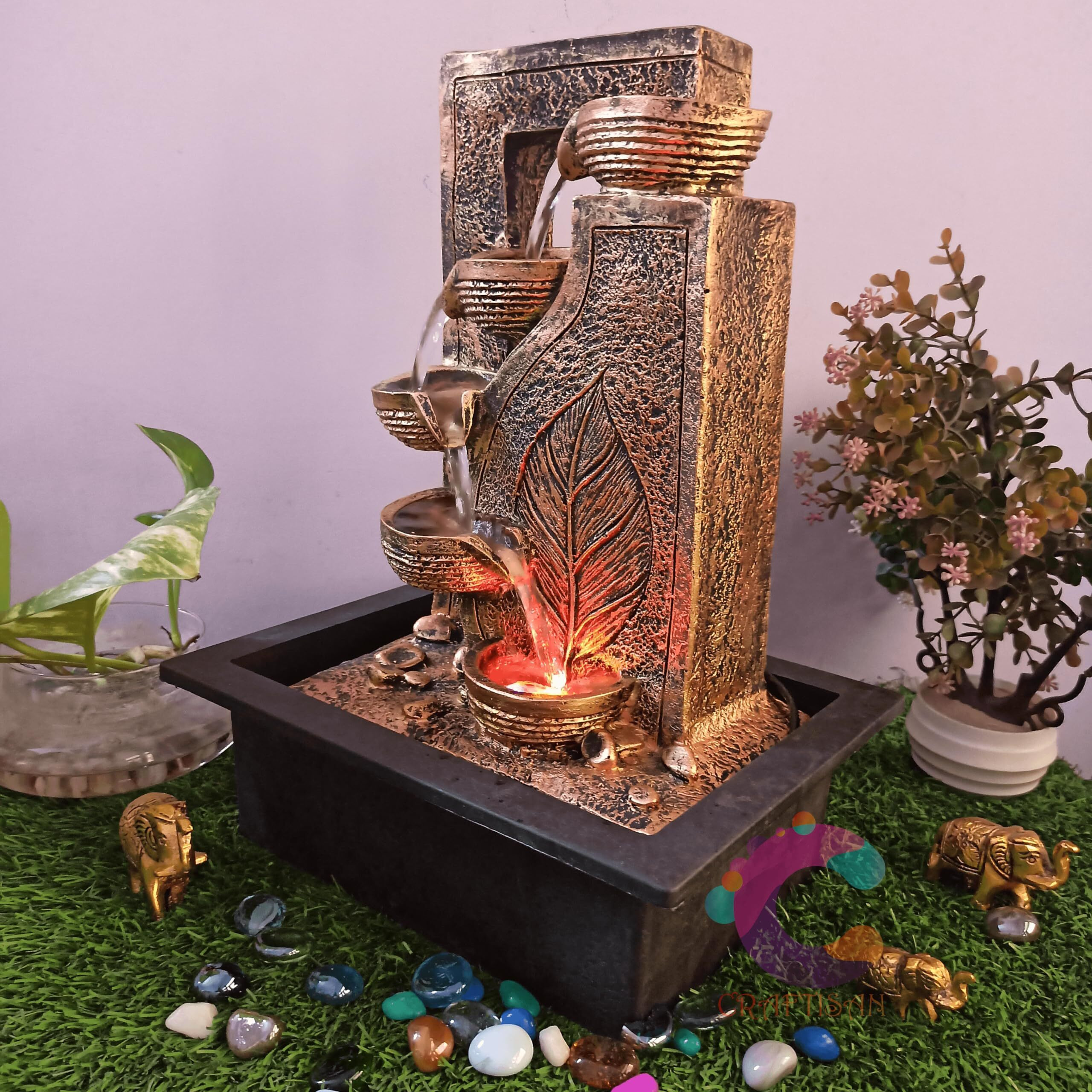 Craftisan Decorative Water Fountain for Home Dcor, Office, Indoor & Outdoor, Garden, Puja Room, Vaastu, Reception, Spa, Gifting. (Golden Leaf Diya)
