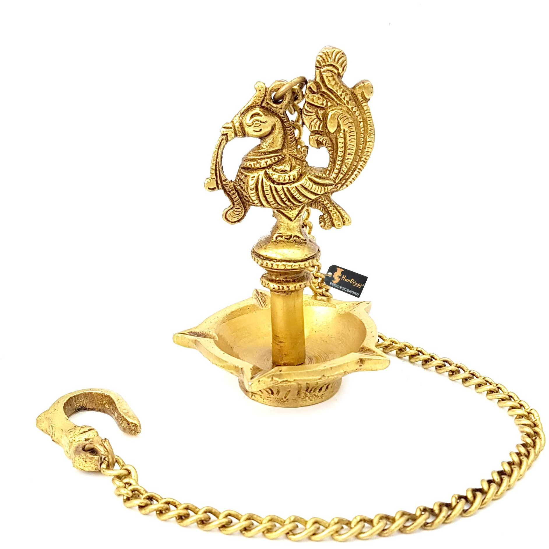 Two Moustaches Ethnic Handmade Peacock Design 5 Oil Wick Brass Hanging Diya (Golden)