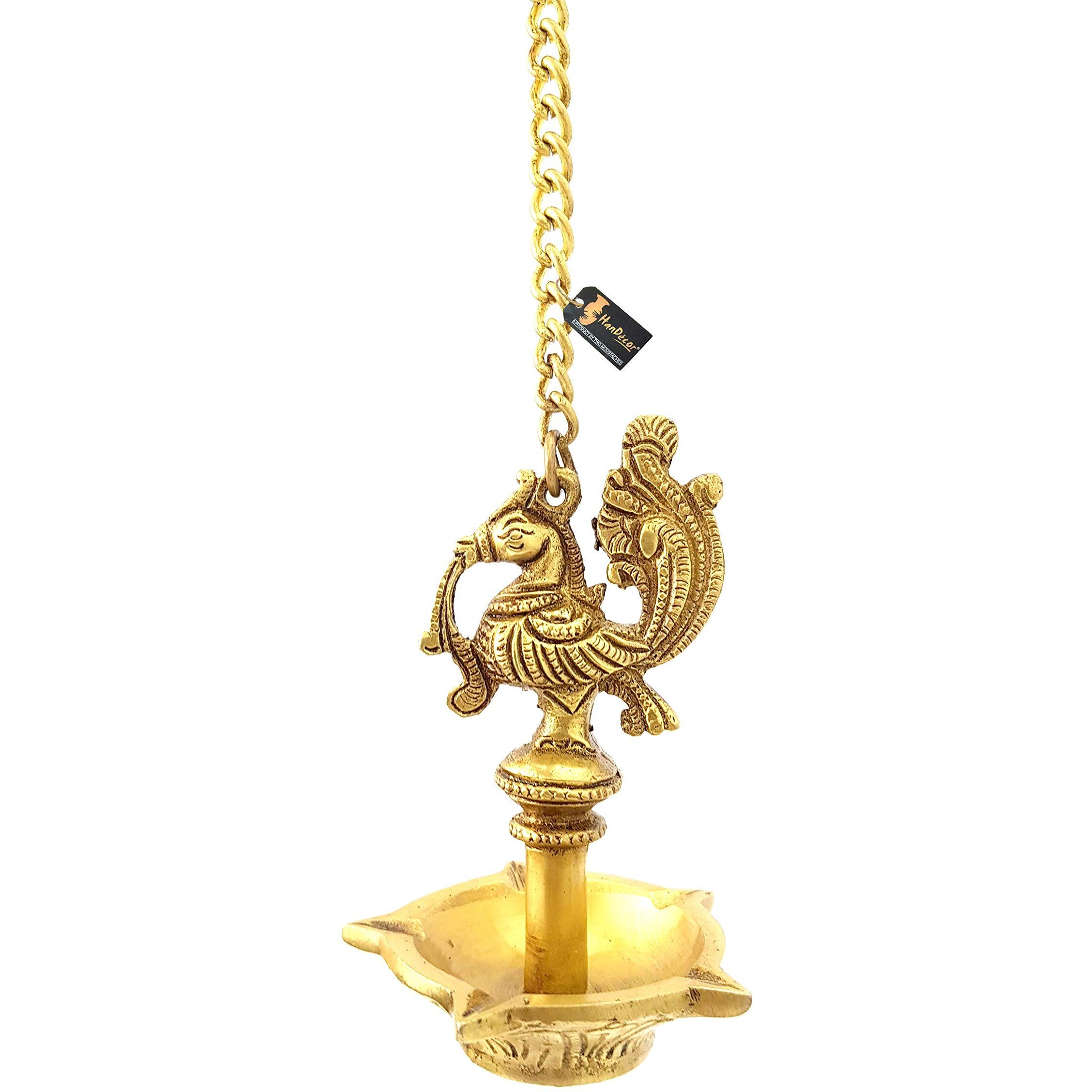 Two Moustaches Ethnic Handmade Peacock Design 5 Oil Wick Brass Hanging Diya (Golden)