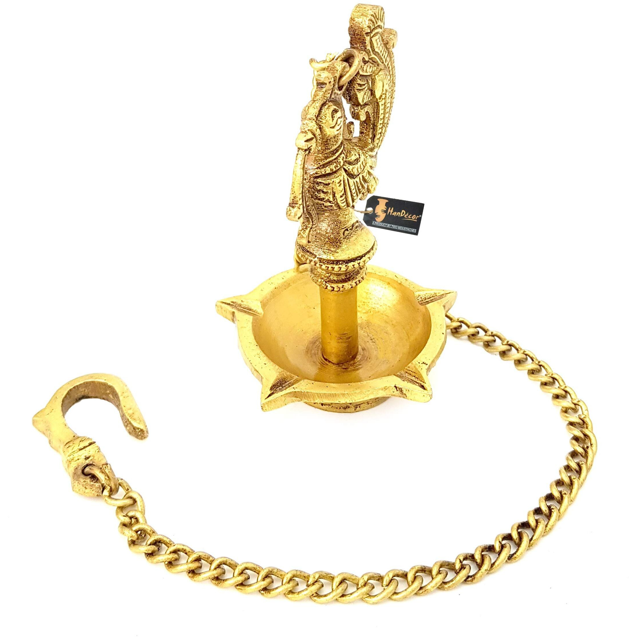 Two Moustaches Ethnic Handmade Peacock Design 5 Oil Wick Brass Hanging Diya (Golden)