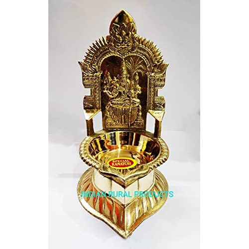 HARISH - Traditional and PURE BRASS MADE KANCHIPURAM KAMAKSHI DIYA / VILAKKU - 7 INCH HIGH For Daily pooja, Gift needs ( GOLD COLOR )