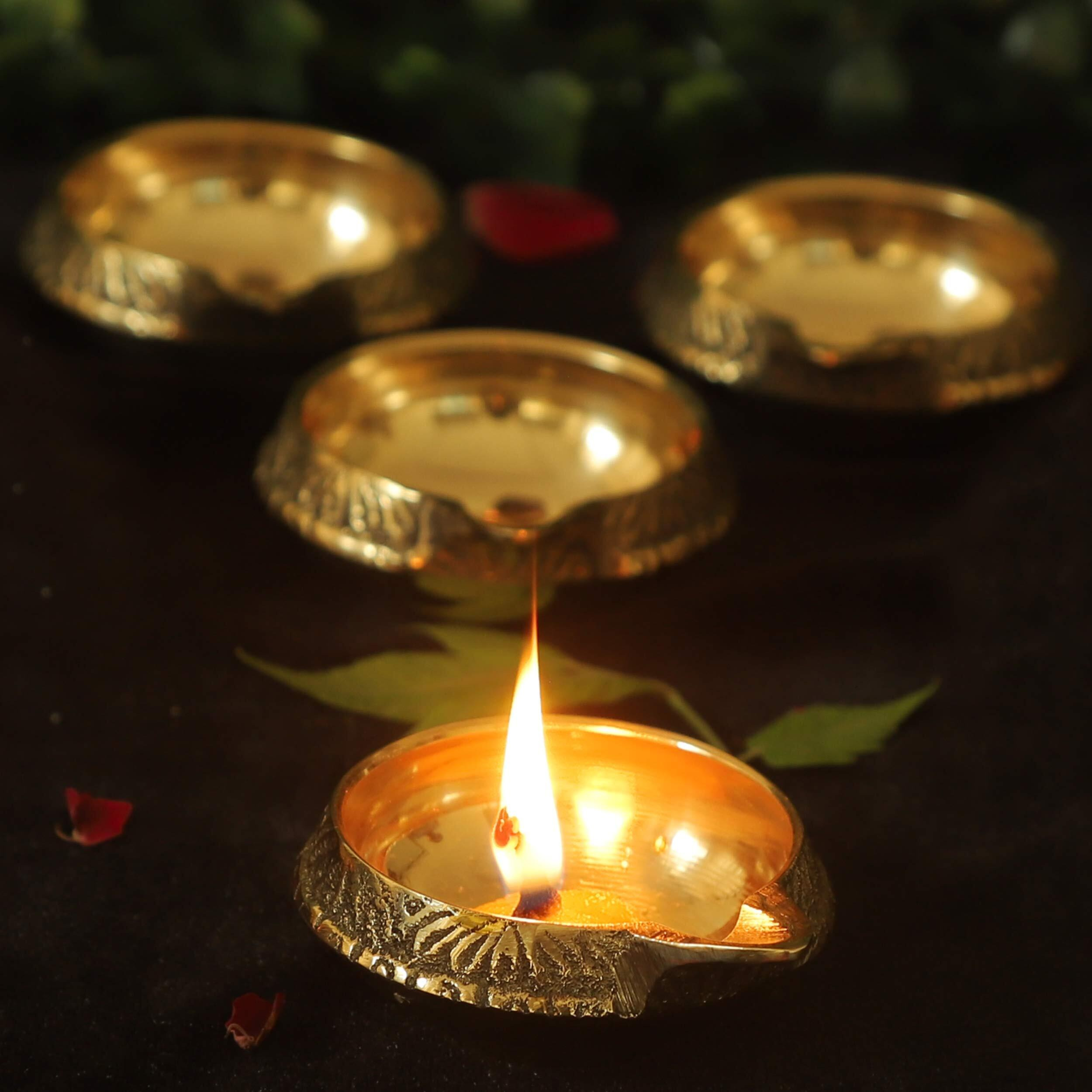 TIED RIBBONS Set of 4 Brass Diya for Puja Room Oil Lamp - Decoration Items for Home Decor Office (2.8 Cm X 6.3 Cm, Brass)