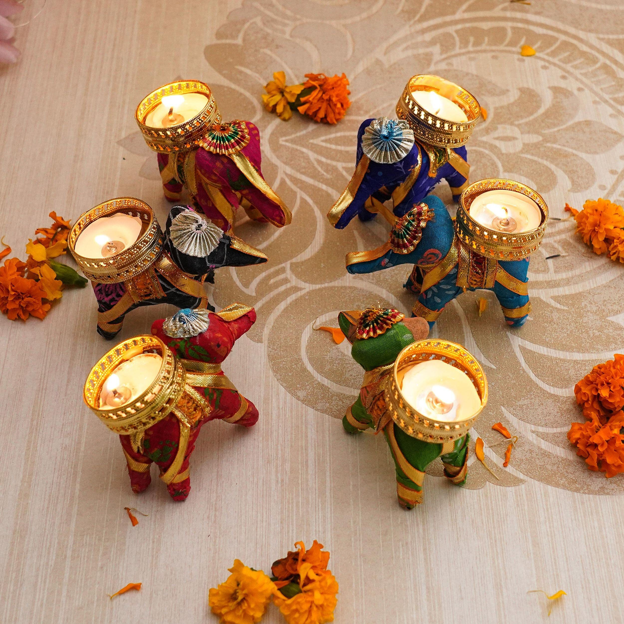 TIED RIBBONS Set of 6 Handcrafted Recycled Material Elephant Tealight Candle Holder for Diya Home Decoration (Multicolor, 8 X 5 X 10 cm) - Decoration Item for Home Decor