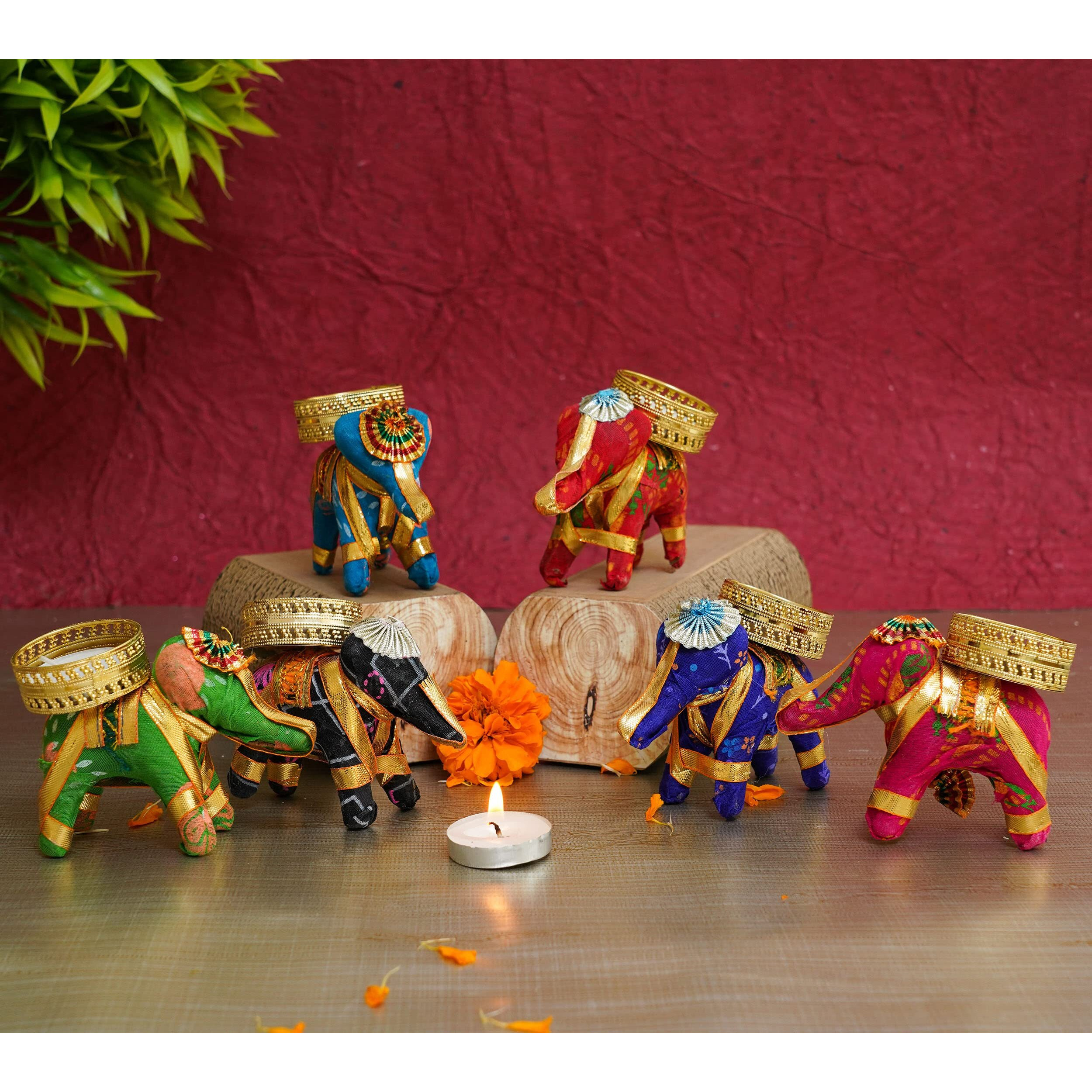 TIED RIBBONS Set of 6 Handcrafted Recycled Material Elephant Tealight Candle Holder for Diya Home Decoration (Multicolor, 8 X 5 X 10 cm) - Decoration Item for Home Decor
