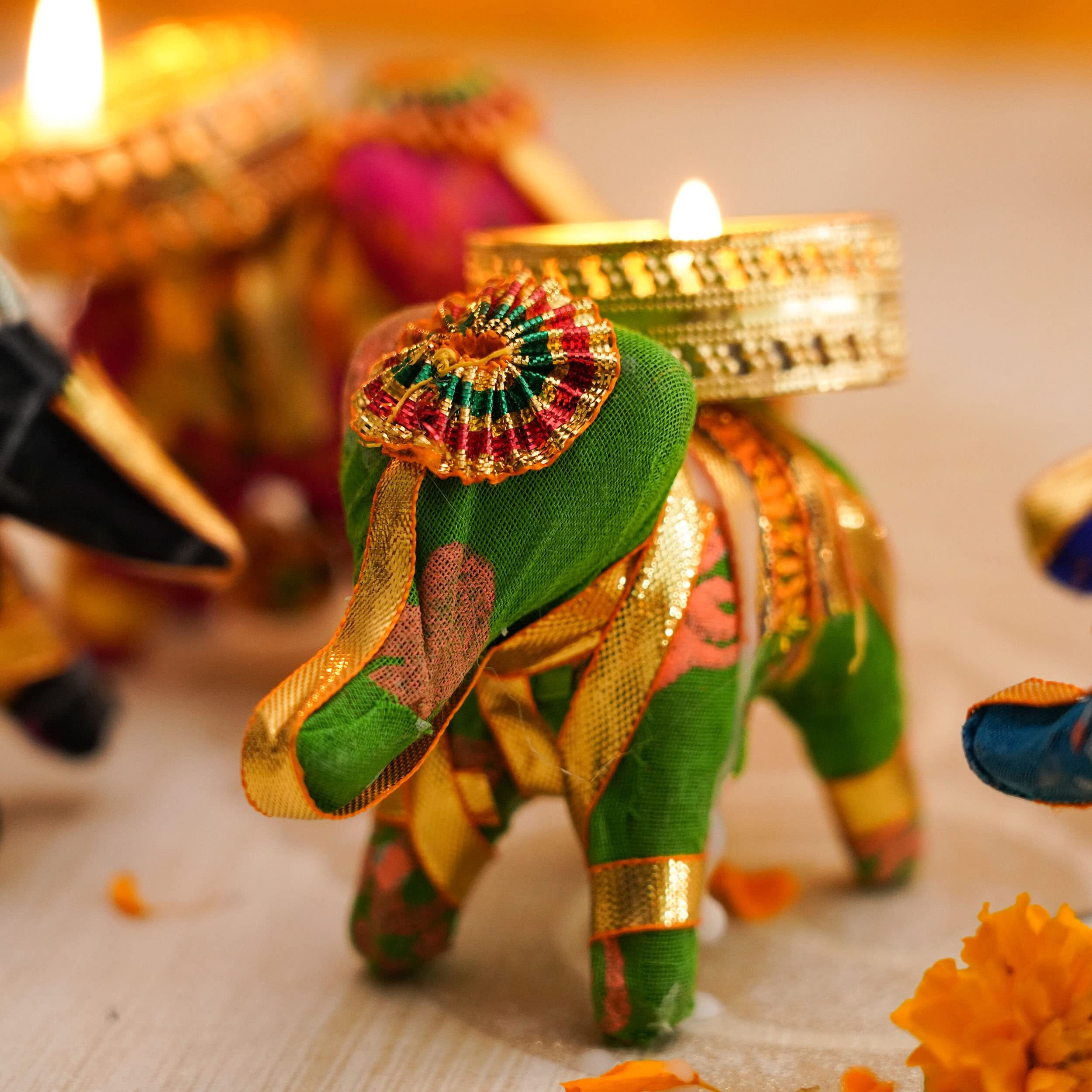 TIED RIBBONS Set of 6 Handcrafted Recycled Material Elephant Tealight Candle Holder for Diya Home Decoration (Multicolor, 8 X 5 X 10 cm) - Decoration Item for Home Decor
