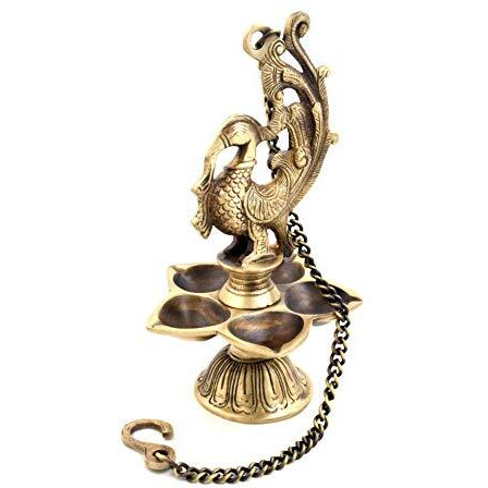 Two Moustaches Peacock Design Five Wick Brass Oil Lamp Hanging Diya , Brass Hanging Diyas , Brass Diyas for Pooja , Standard , Pack of 1