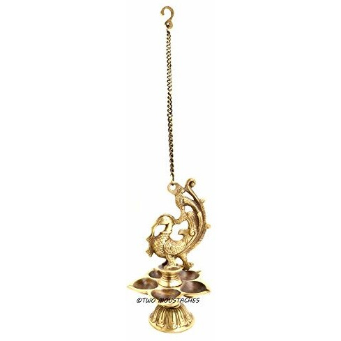Two Moustaches Peacock Design Five Wick Brass Oil Lamp Hanging Diya , Brass Hanging Diyas , Brass Diyas for Pooja , Standard , Pack of 1