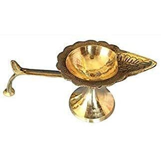 Santosh Bhakti Bhandar Brass Deepak Single Aarti | 1 Arti Diya | Camphor Loban Dhuni Oil Lamp Puja| Deepak with Handle for Pooja 6 inch Length | Golden