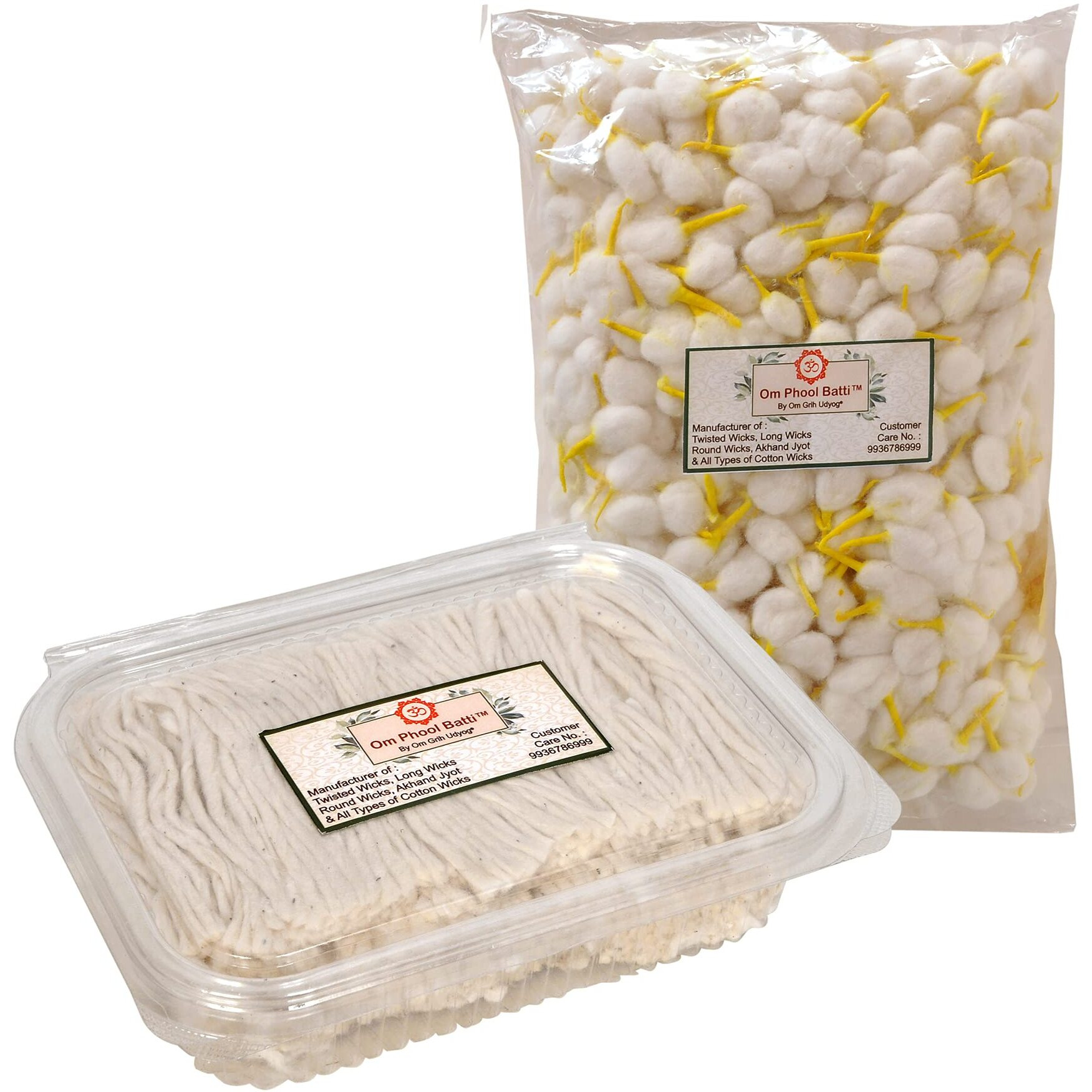 Om Phool Batti Cotton Wicks for Diya Batti, Handmade Round Batti and Long Wicks for Puja with Chandan Tip Wicks, 700 pcs in Each, (Combo Pack of 2, Yellow & White)