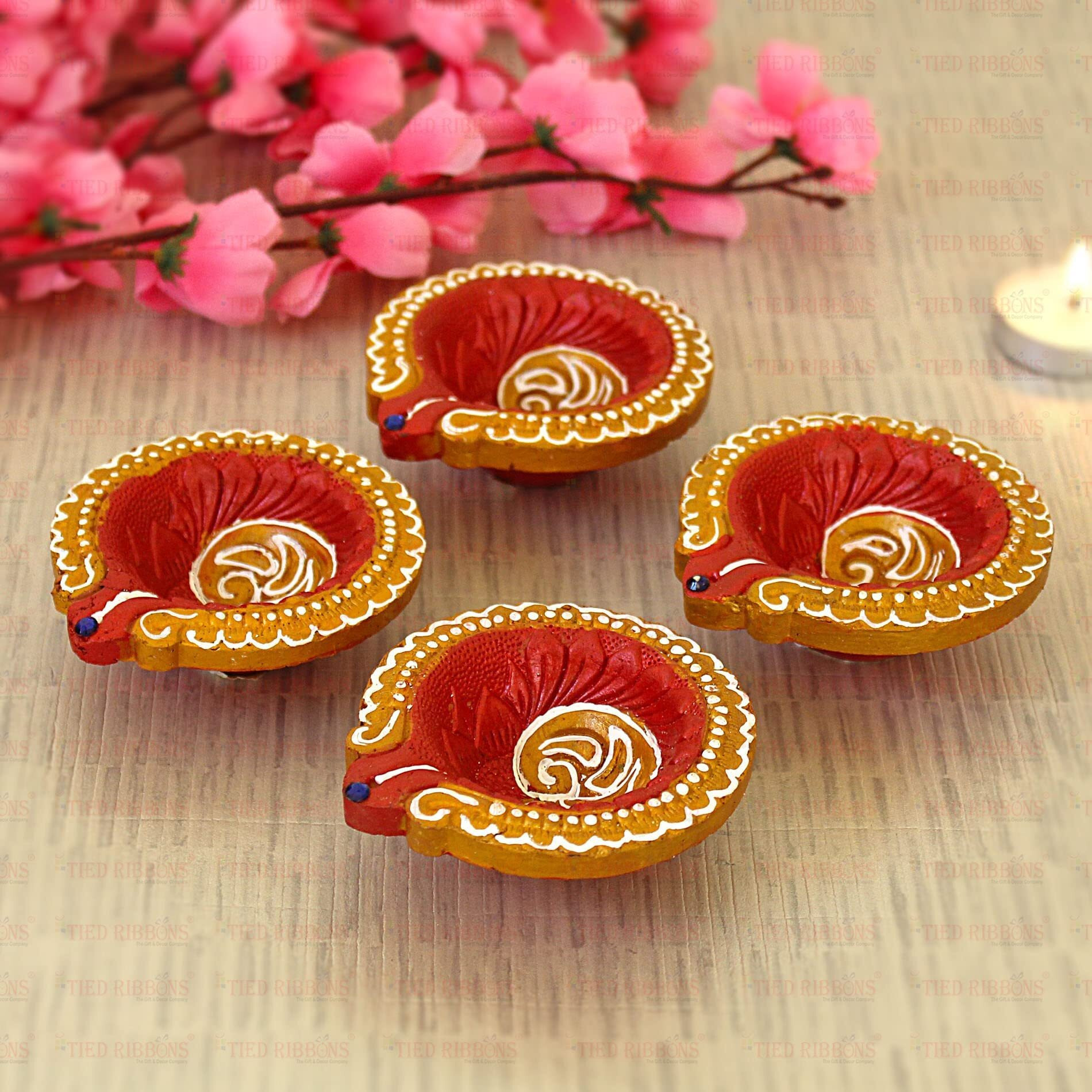 TIED RIBBONS Pack of 4 Diya Set - Large Size Clay Teracotta Diya Set Earthen Oil Ghee Diyas Mitti Diya Combo Pack - Decoration Items for Home Decor (Set of 4, Multicolor)