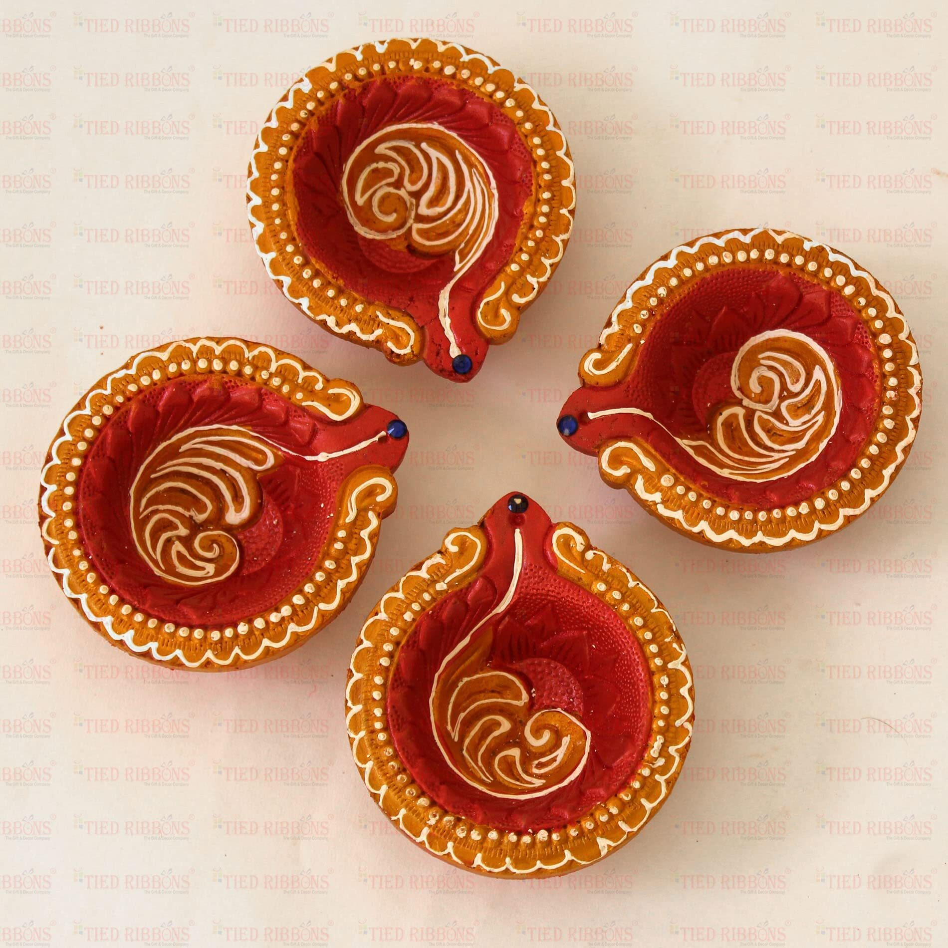 TIED RIBBONS Pack of 4 Diya Set - Large Size Clay Teracotta Diya Set Earthen Oil Ghee Diyas Mitti Diya Combo Pack - Decoration Items for Home Decor (Set of 4, Multicolor)