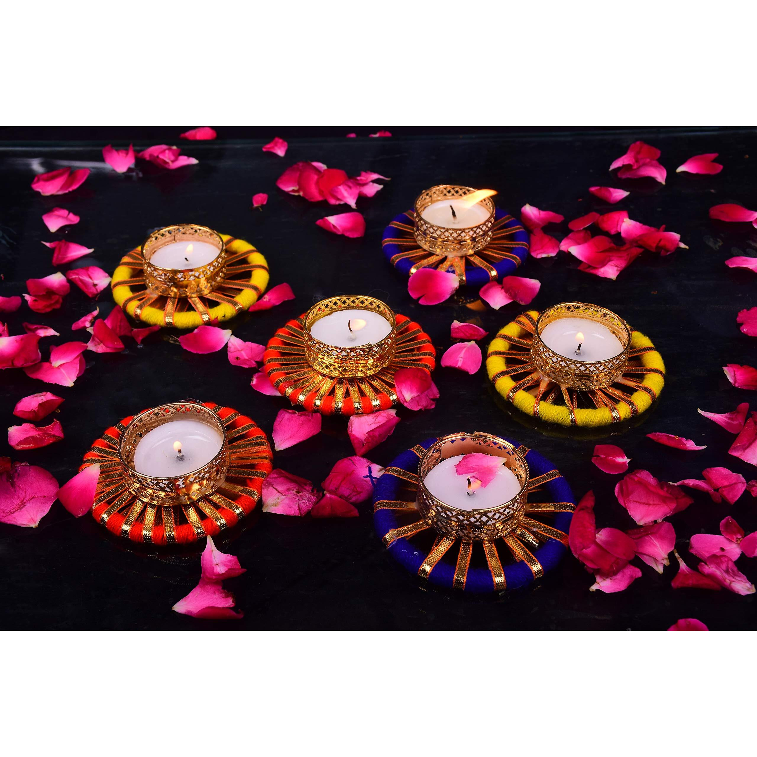 Collectible India Metallic Diya Tealight Candle Holders - Assorted Gota Patti Mix Color Flower Design Candle Holder for Home Decoration - Diwali Gifts - Candles for Diwali Decoration (Pack of 4)