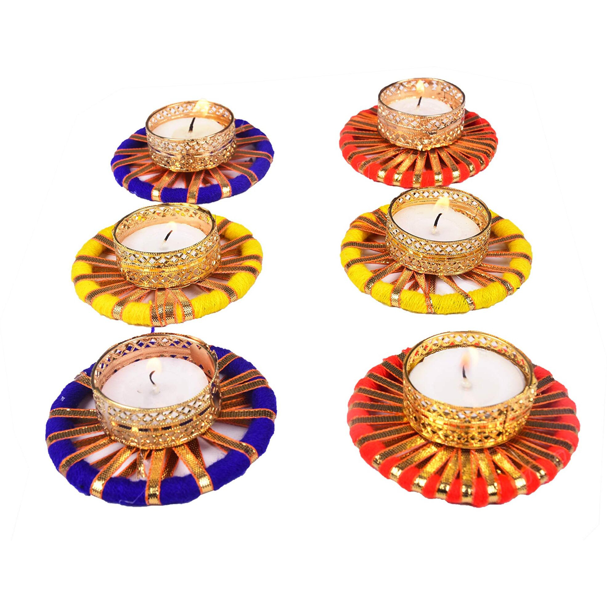 Collectible India Metallic Diya Tealight Candle Holders - Assorted Gota Patti Mix Color Flower Design Candle Holder for Home Decoration - Diwali Gifts - Candles for Diwali Decoration (Pack of 4)