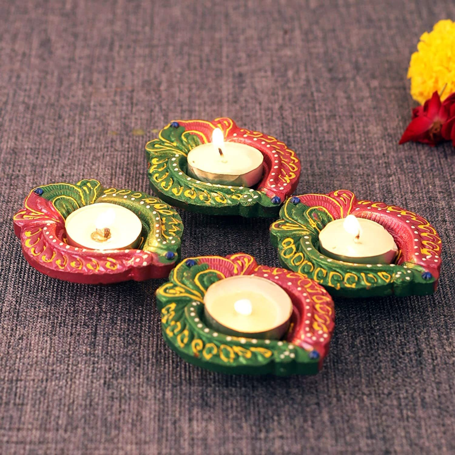 TIED RIBBONS Pack of 4 Diya Set - Large Size Teracotta Clay Diya Set Earthen Oil Ghee Diyas Mitti Diya Combo Pack - Decoration Items for Home Decor (Set of 4, Multicolor)
