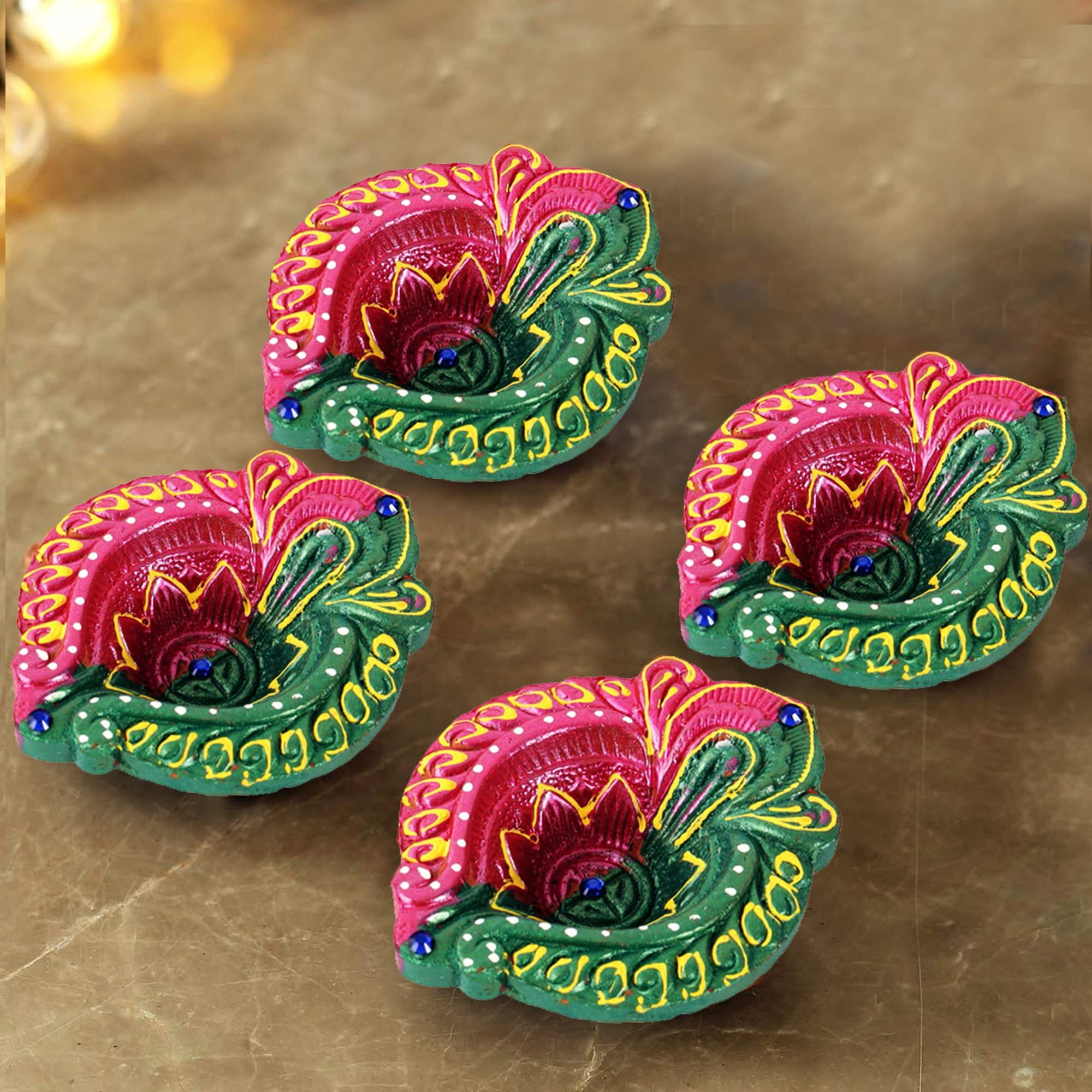 TIED RIBBONS Pack of 4 Diya Set - Large Size Teracotta Clay Diya Set Earthen Oil Ghee Diyas Mitti Diya Combo Pack - Decoration Items for Home Decor (Set of 4, Multicolor)