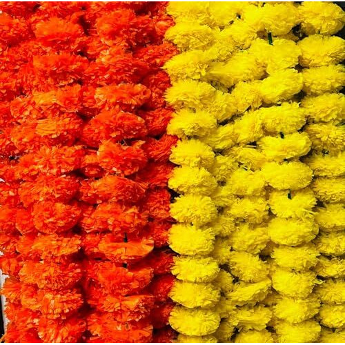 ZHENGTU Artificial Marigold Flowers for Decoration Garland with Bell for Diwali & Festivals | 5 Feet Long 10 Pcs with 2 Diya (Orange+ Yellow) (5 Yellow+5 Orange merigold) (merigold Yellow+Orange)