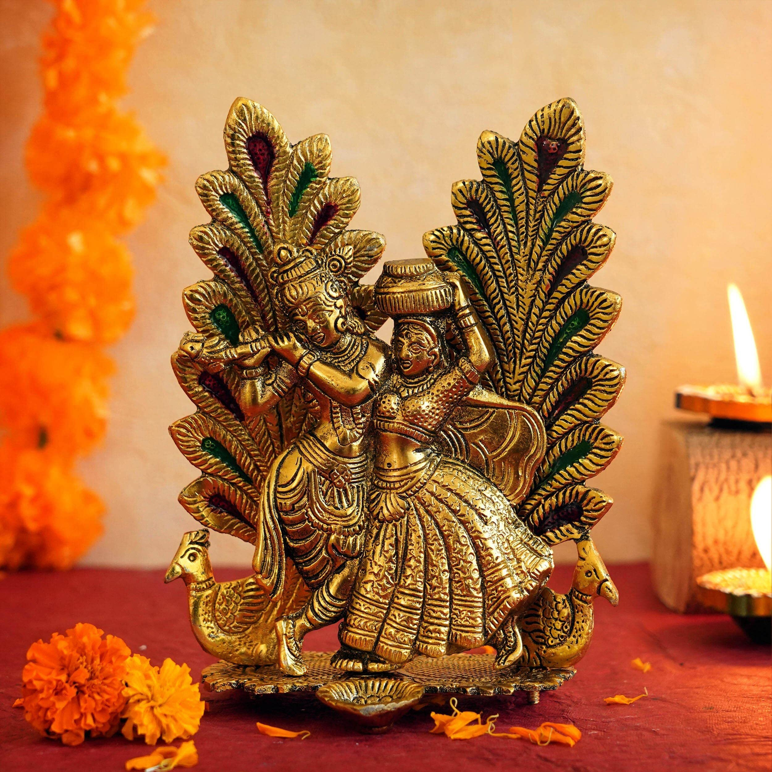 TIED RIBBONS Radha Krishna Idol with Diya Peacock Design Decorative Showpiece Statue for Puja Room Home Brass Decoration Gift Items