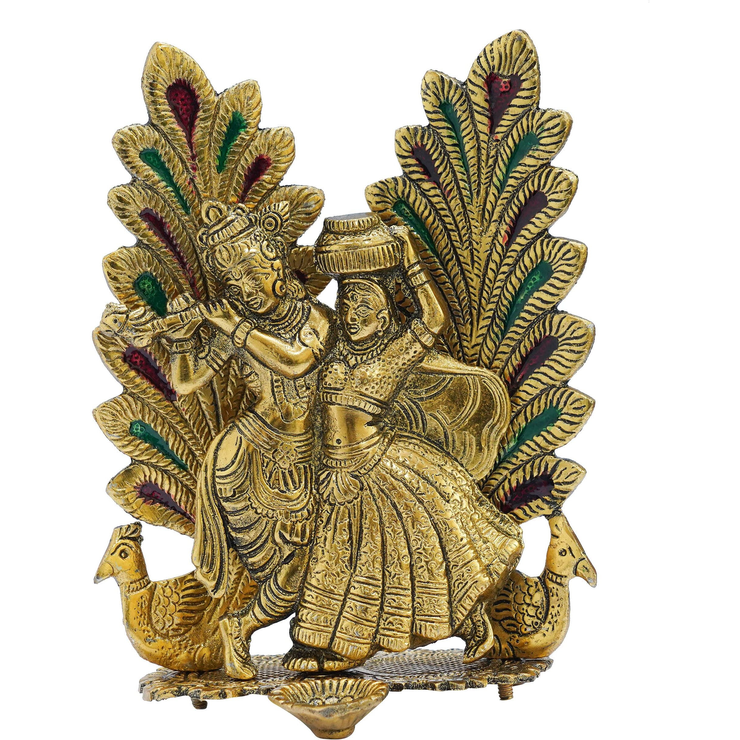 TIED RIBBONS Radha Krishna Idol with Diya Peacock Design Decorative Showpiece Statue for Puja Room Home Brass Decoration Gift Items