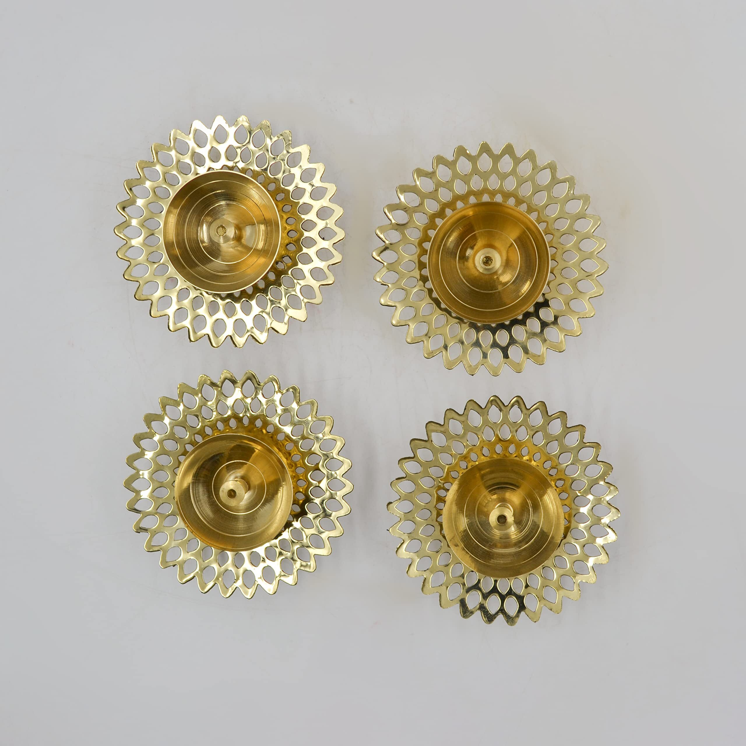 CraftVatika Decorative Akhand Brass Diya Oil Lamp, Golden Brass Diya Stand, Golden, (3.2 Inches Length) (Quantity 4)