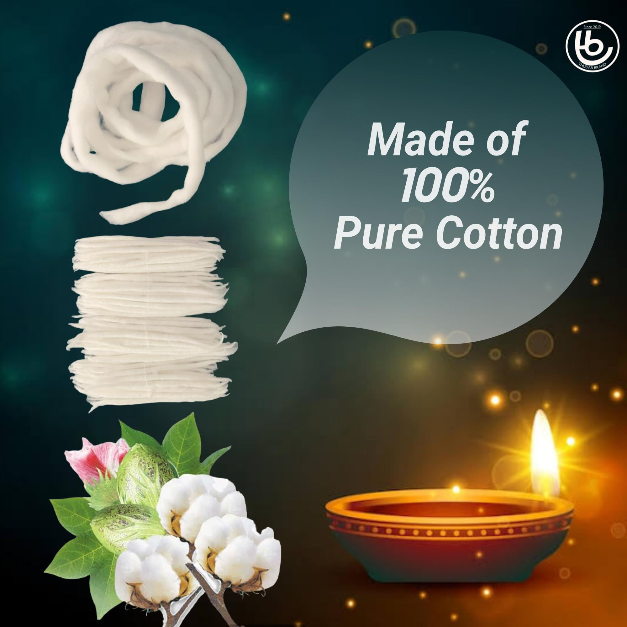 Thudar Brand Long Pooja Cotton Wicks for Diya, Diya Batti for Pooja | Stable Flame, No Black Smoke | Made of 100% Pure Cotton | Length 3 Inches | Color White | 3 PW- 600pcs
